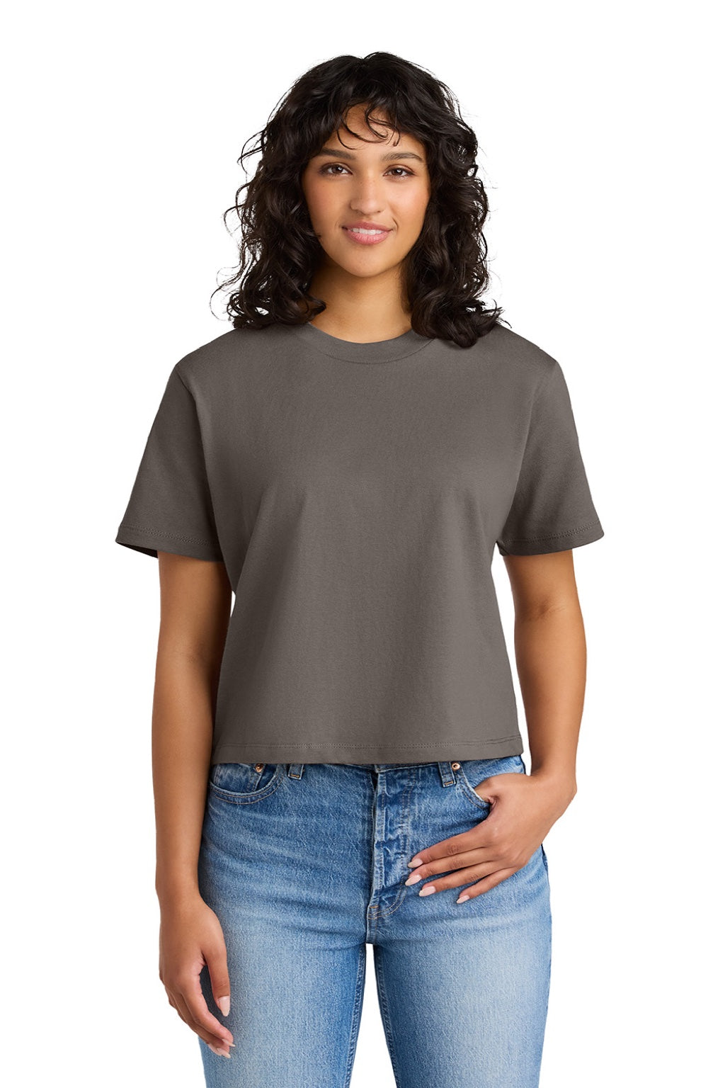 Next Level NL7610 Womens Boxy Short Sleeve Crewneck T-Shirt Shiitake Grey Model Front