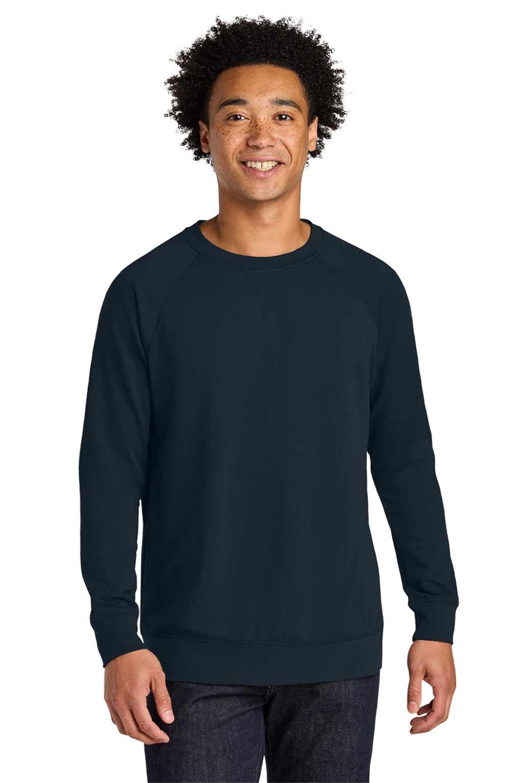 Next Level N9000/9000 Mens French Terry Long Sleeve Crewneck T-Shirt Midnight Navy Blue Model Front