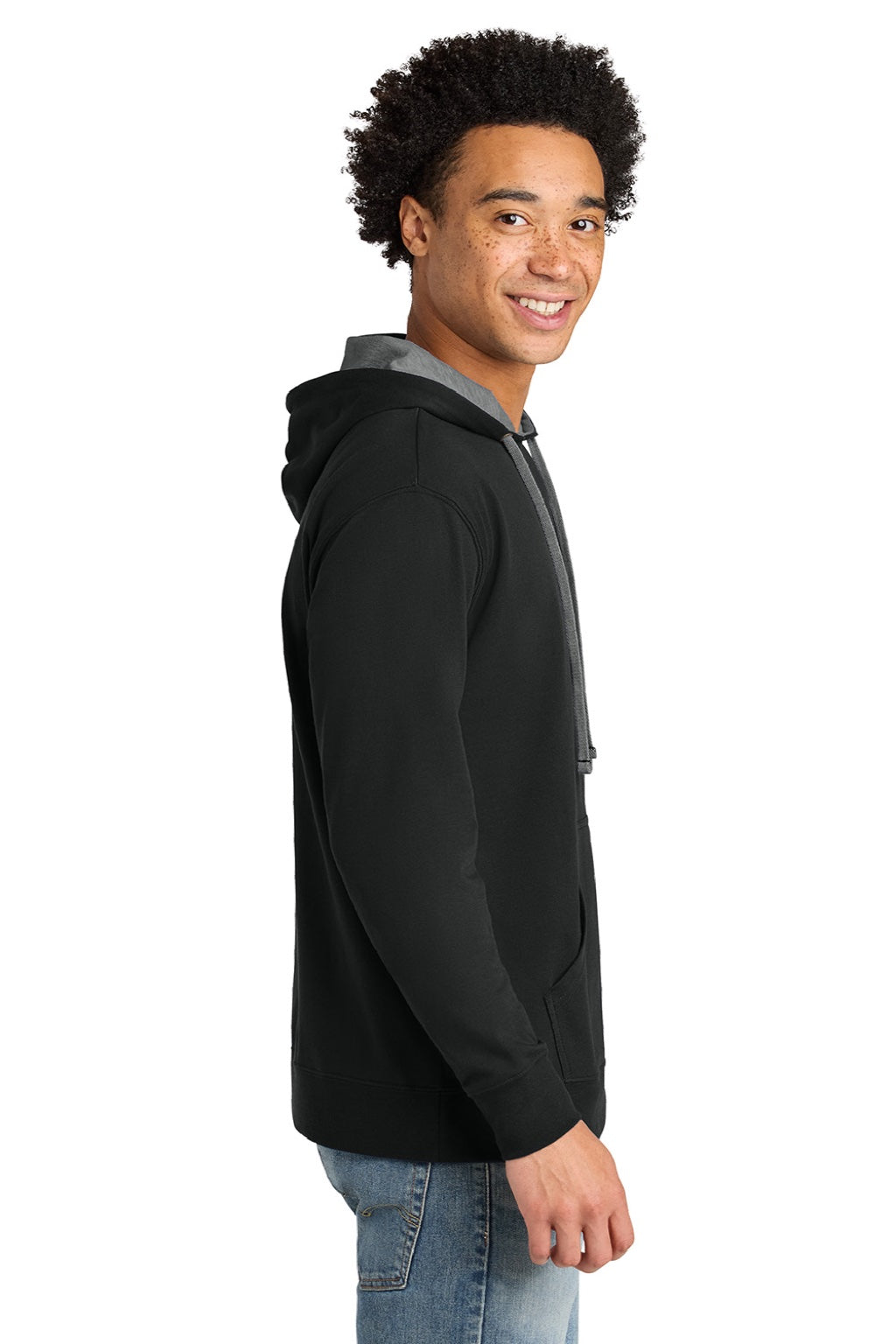 Next Level 9301 Mens French Terry Fleece Hooded Sweatshirt Hoodie w/ Pouch Pocket Black/Heather Grey Model Side