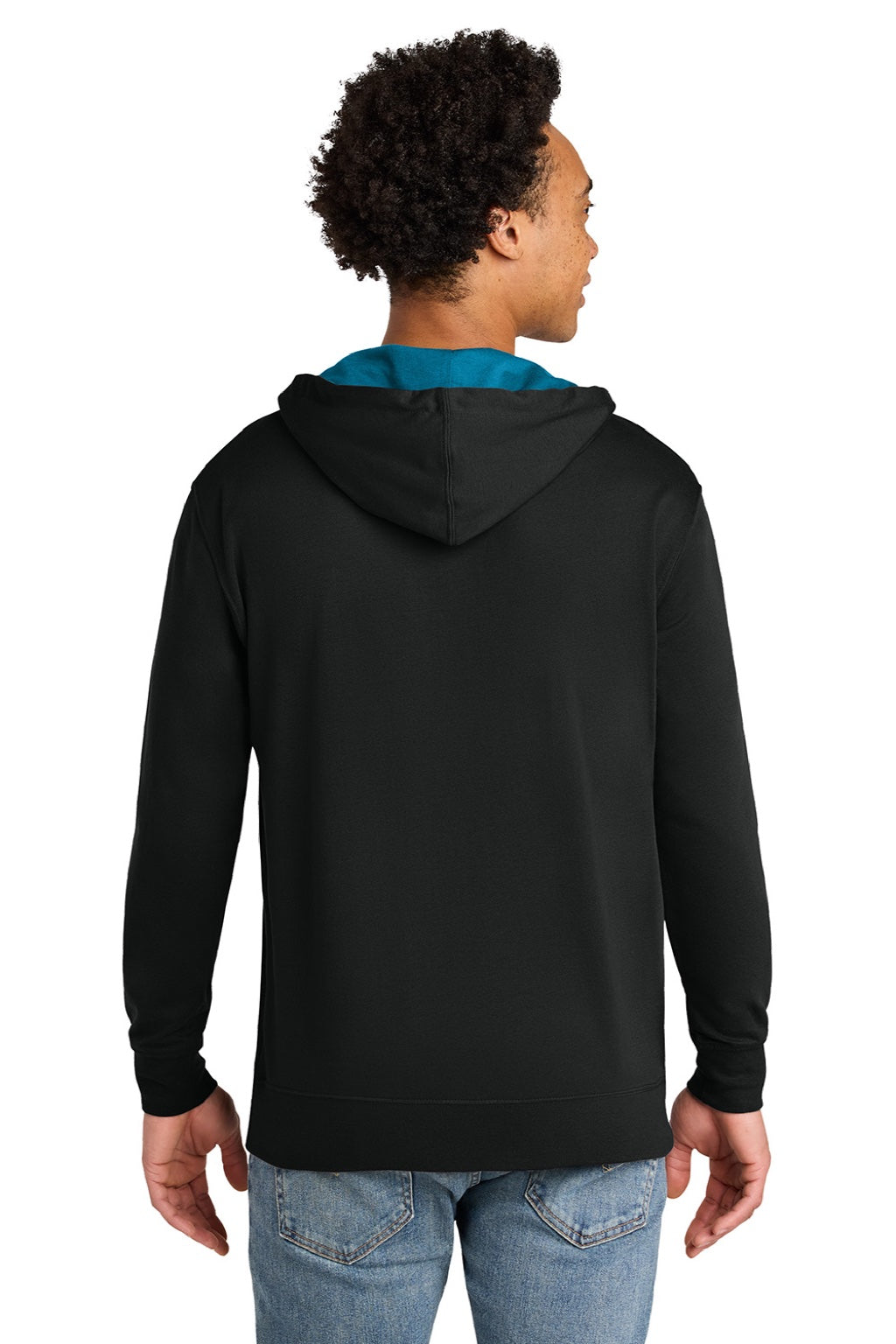 Next Level 9301 Mens French Terry Fleece Hooded Sweatshirt Hoodie w/ Pouch Pocket Black/Turquoise Blue Model Back
