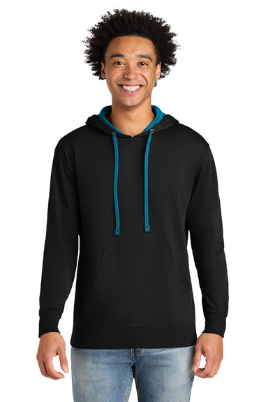Next Level 9301 Mens French Terry Fleece Hooded Sweatshirt Hoodie w/ Pouch Pocket Black/Turquoise Blue Model Front