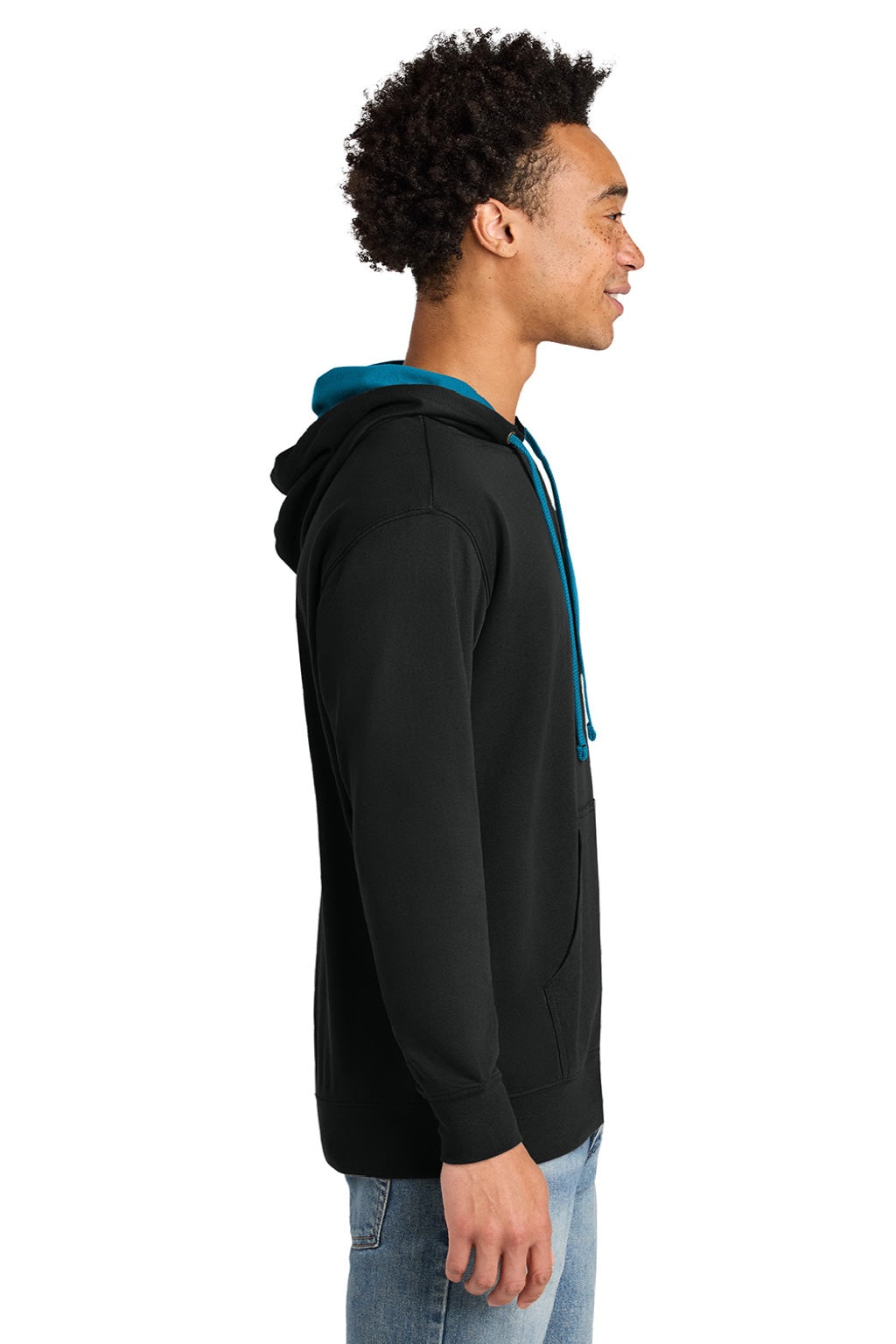 Next Level 9301 Mens French Terry Fleece Hooded Sweatshirt Hoodie w/ Pouch Pocket Black/Turquoise Blue Model Side