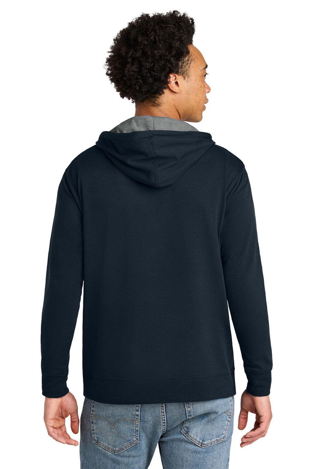 Next Level 9301 Mens French Terry Fleece Hooded Sweatshirt Hoodie w/ Pouch Pocket Midnight Navy Blue/Heather Grey Model Back
