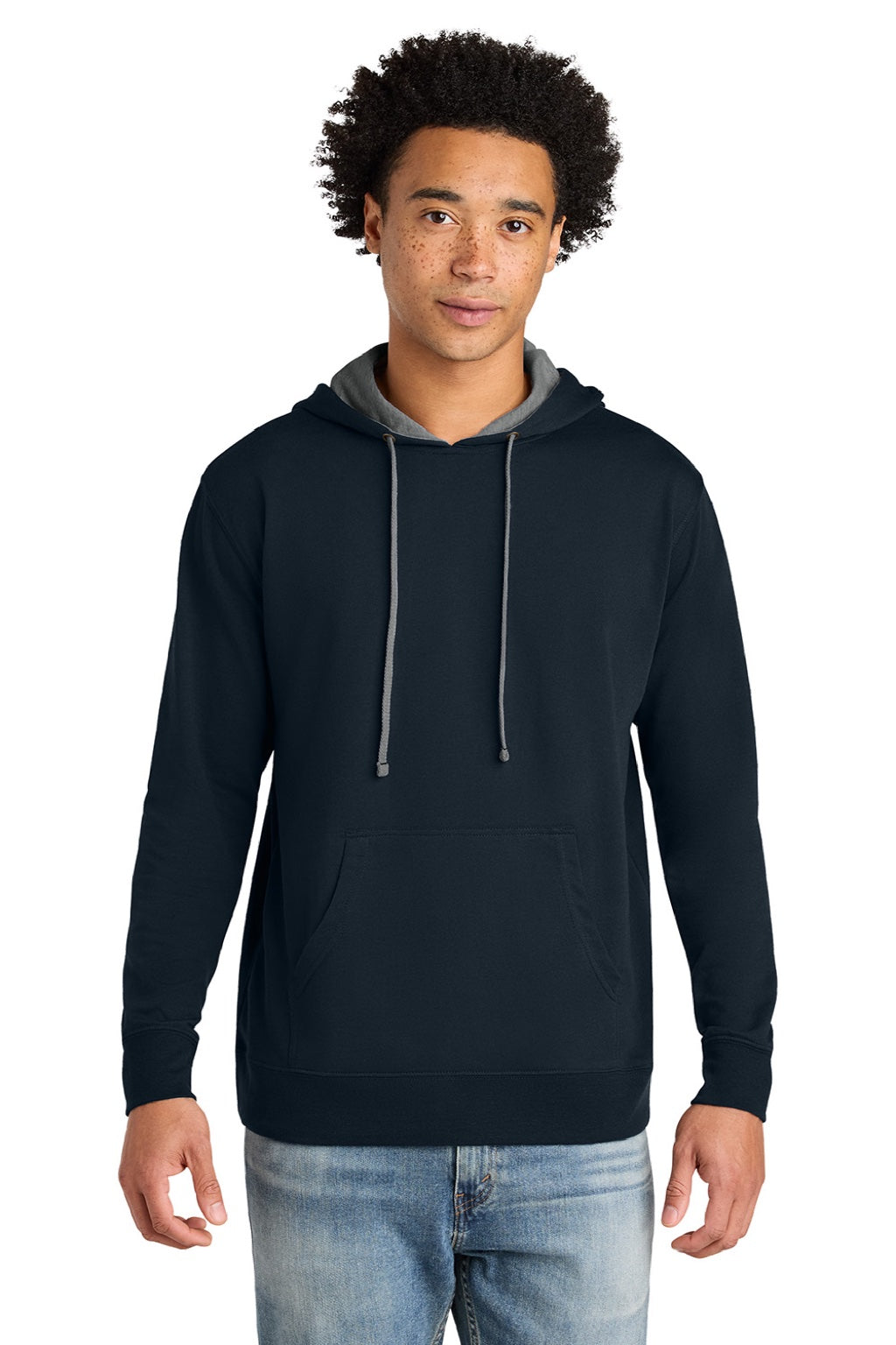 Next Level 9301 Mens French Terry Fleece Hooded Sweatshirt Hoodie w/ Pouch Pocket Midnight Navy Blue/Heather Grey Model Front