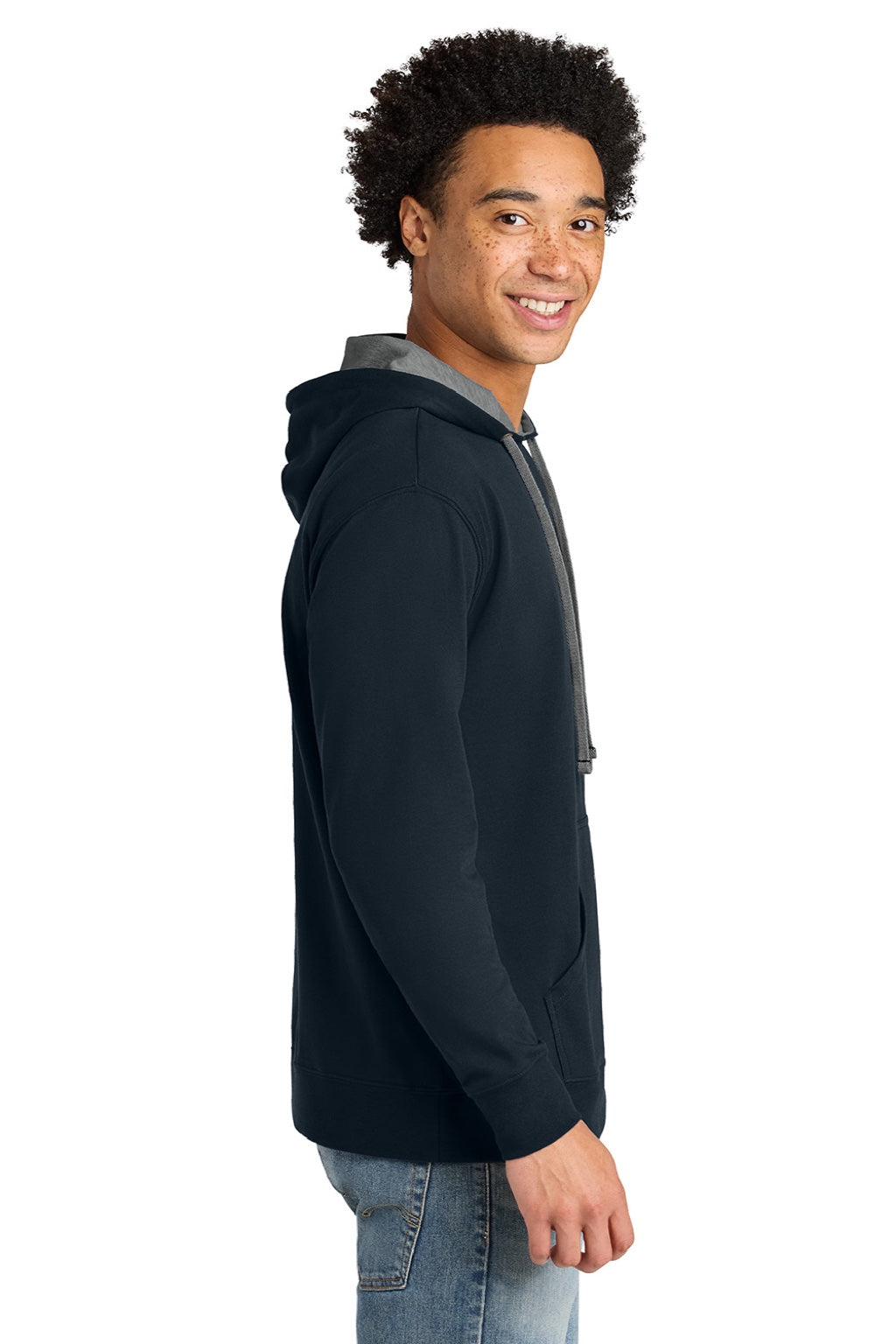 Next Level 9301 Mens French Terry Fleece Hooded Sweatshirt Hoodie w/ Pouch Pocket Midnight Navy Blue/Heather Grey Model Side