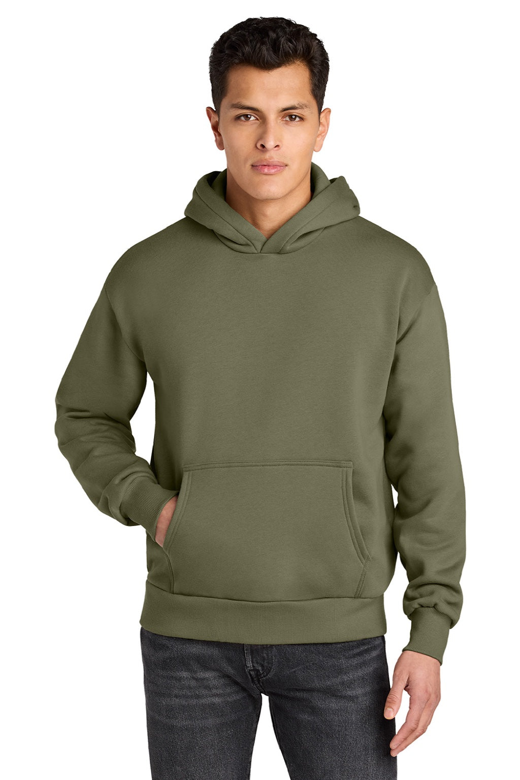 Next Level NL9307 Mens Heavyweight Hooded Sweatshirt Hoodie w/ Pouch Pocket Light Olive Green Model Front