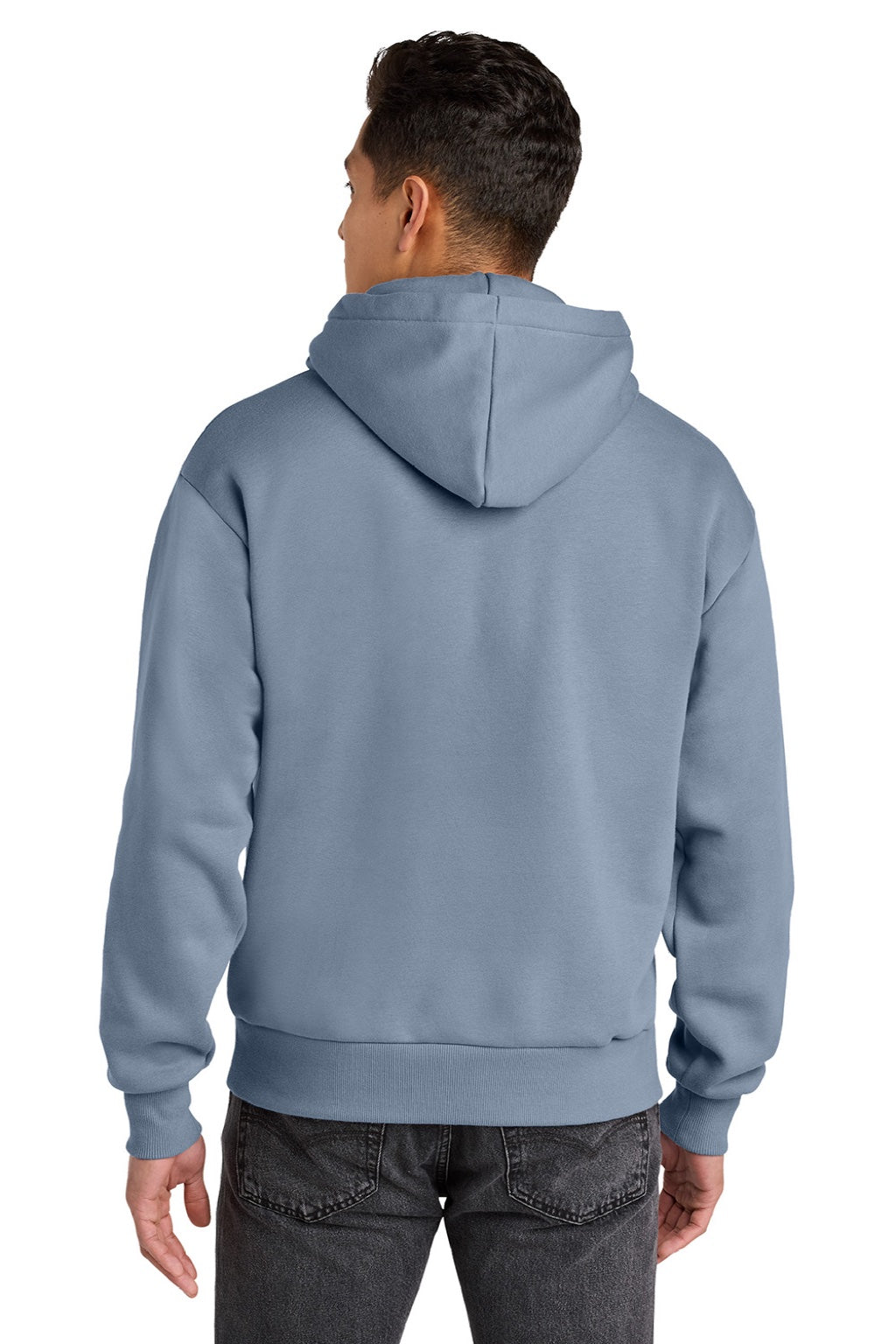 Next Level NL9307 Mens Heavyweight Hooded Sweatshirt Hoodie w/ Pouch Pocket Stonewashed Denim Blue Model Back