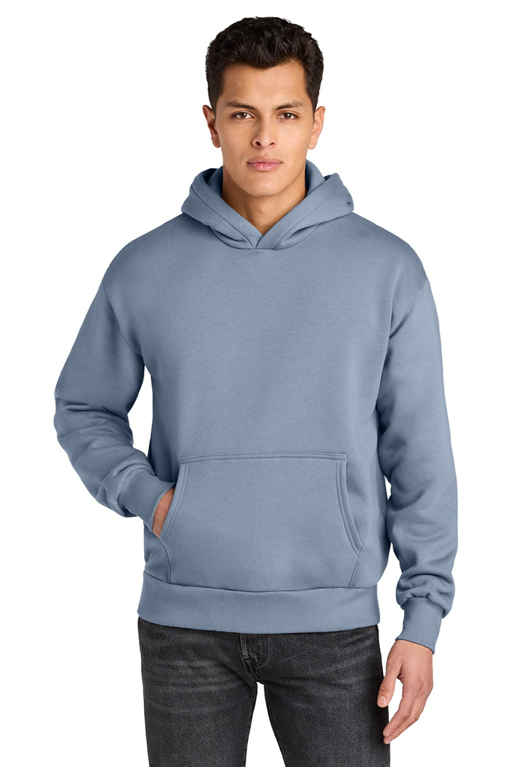 Next Level NL9307 Mens Heavyweight Hooded Sweatshirt Hoodie w/ Pouch Pocket Stonewashed Denim Blue Model Front