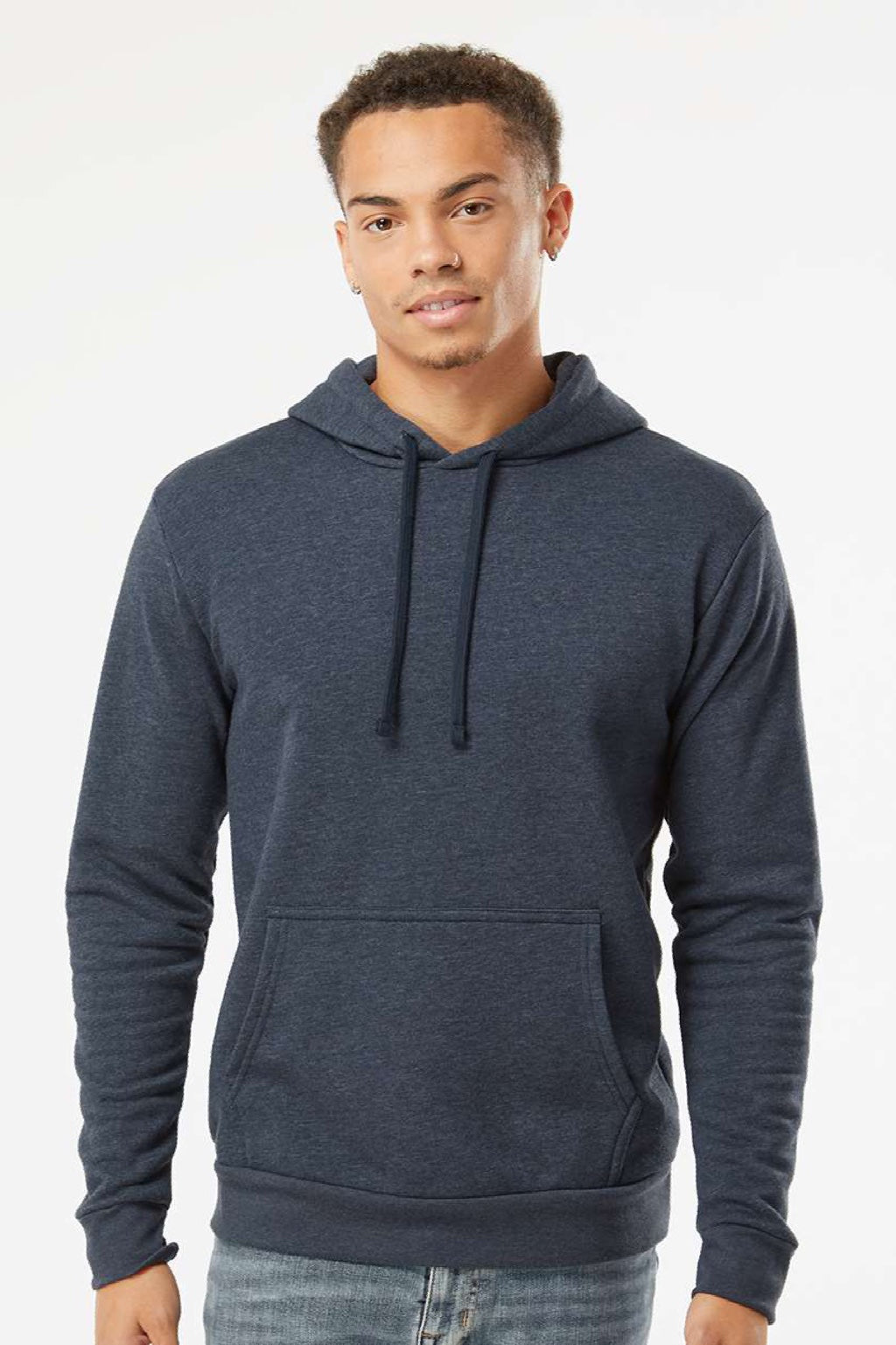 Next Level 9302 Mens Malibu Hooded Sweatshirt Hoodie w/ Pouch Pocket Heather Midnight Navy Blue Model Front