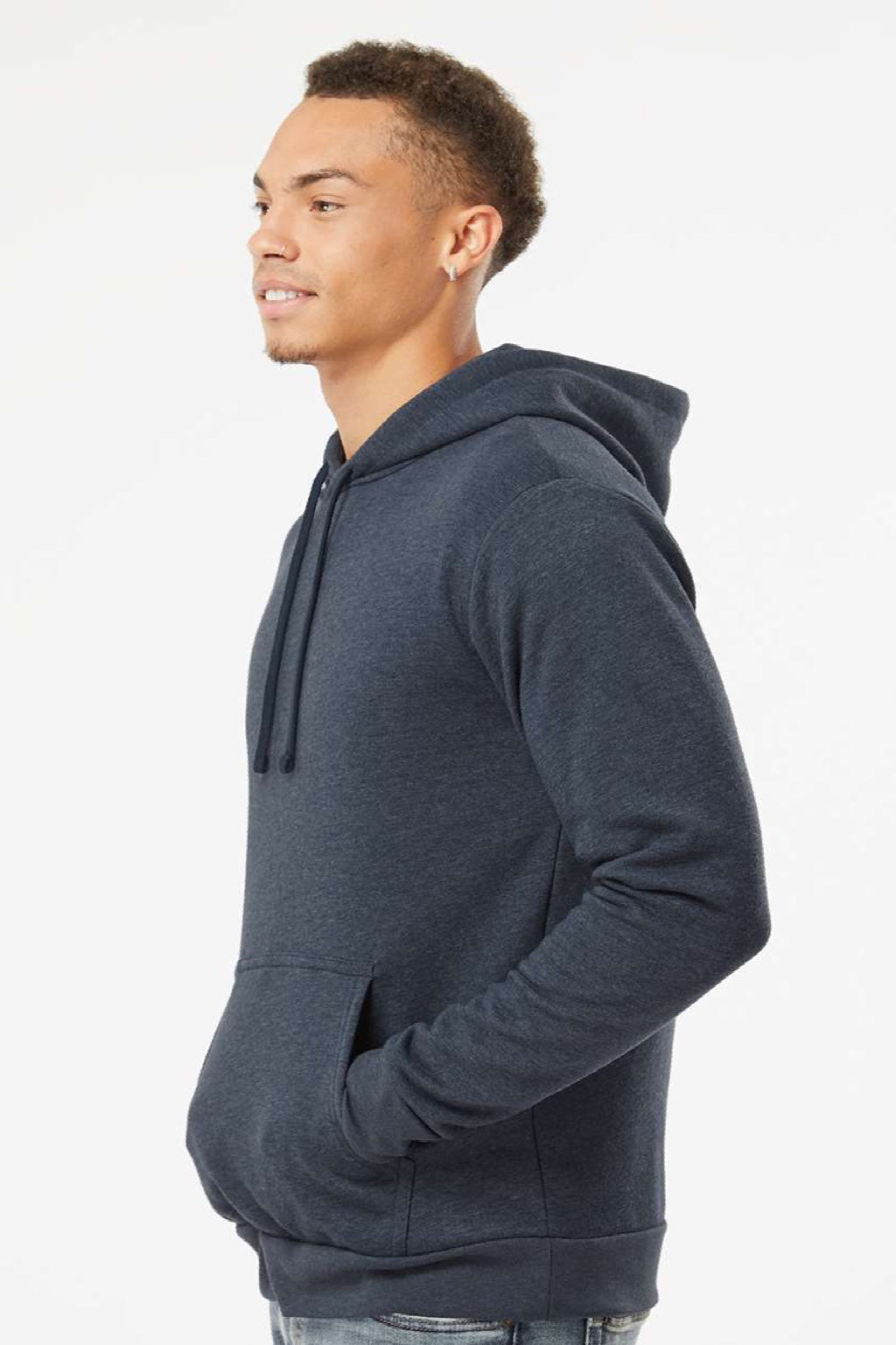 Next Level 9302 Mens Malibu Hooded Sweatshirt Hoodie w/ Pouch Pocket Heather Midnight Navy Blue Model Side