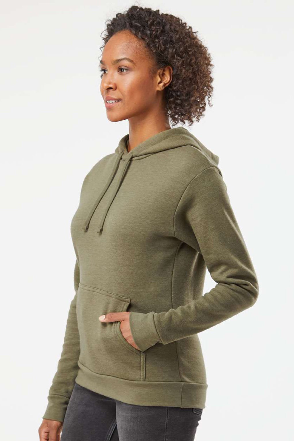 Next Level 9302 Mens Malibu Hooded Sweatshirt Hoodie w/ Pouch Pocket Heather Military Green Model Side