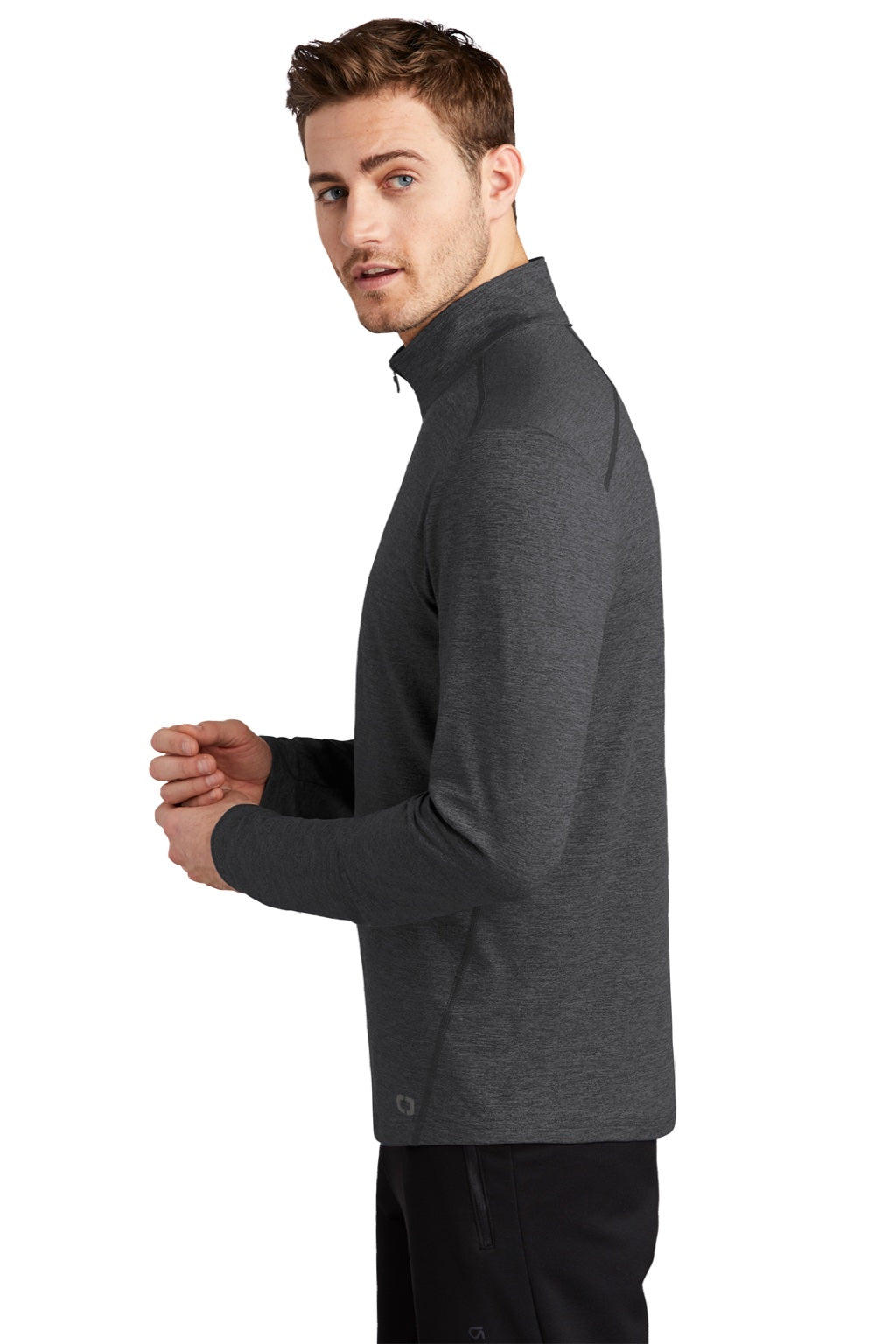 Ogio OE341 Mens Endurance Force Moisture Wicking 1/4 Zip Sweatshirt Heather Blacktop Model Side