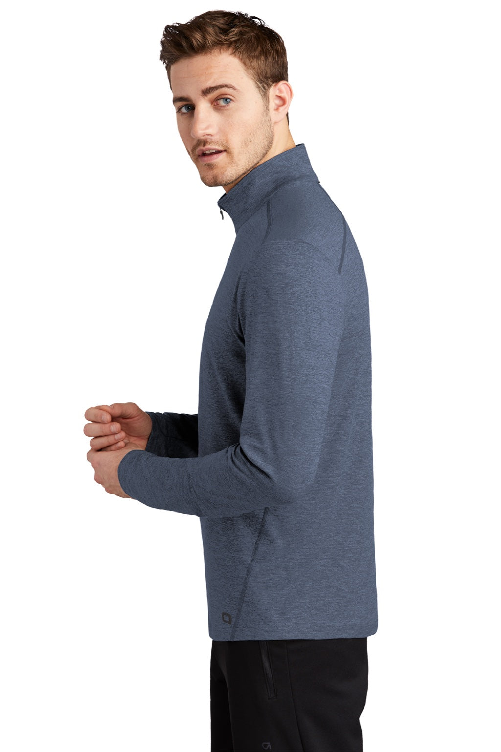 Ogio OE341 Mens Endurance Force Moisture Wicking 1/4 Zip Sweatshirt Heather Indigo Blue Model Side