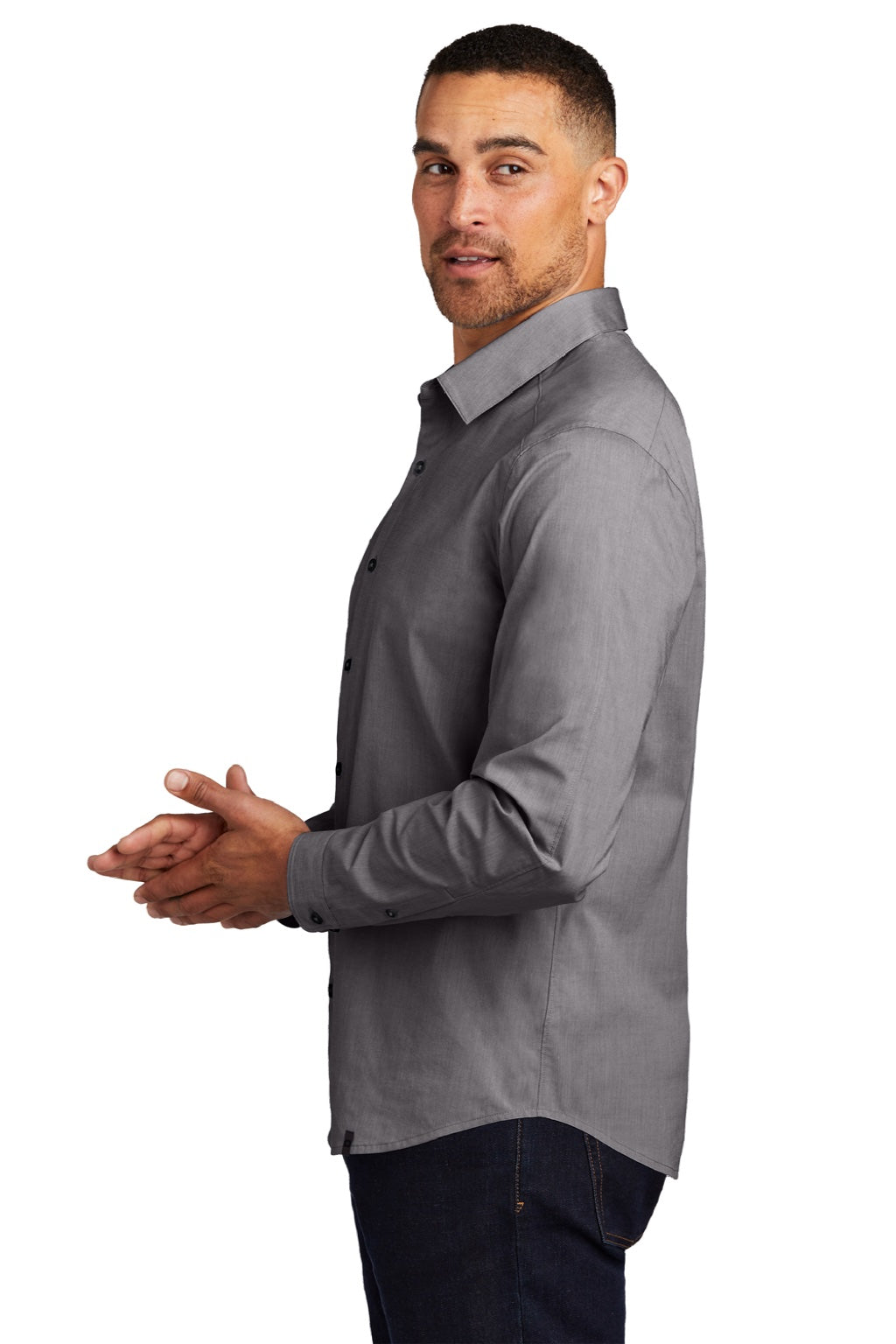 Ogio OG1002 Mens Commuter Long Sleeve Button Down Shirt Heather Gear Grey Model Side