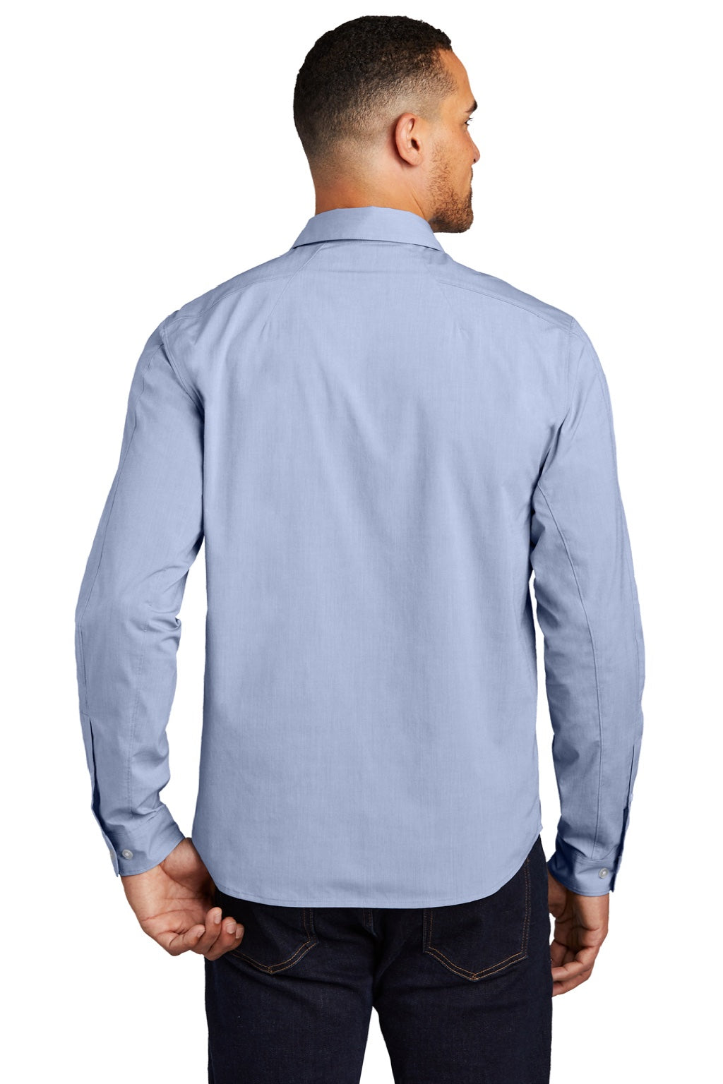 Ogio OG1002 Mens Commuter Long Sleeve Button Down Shirt Heather Metal Blue Model Back