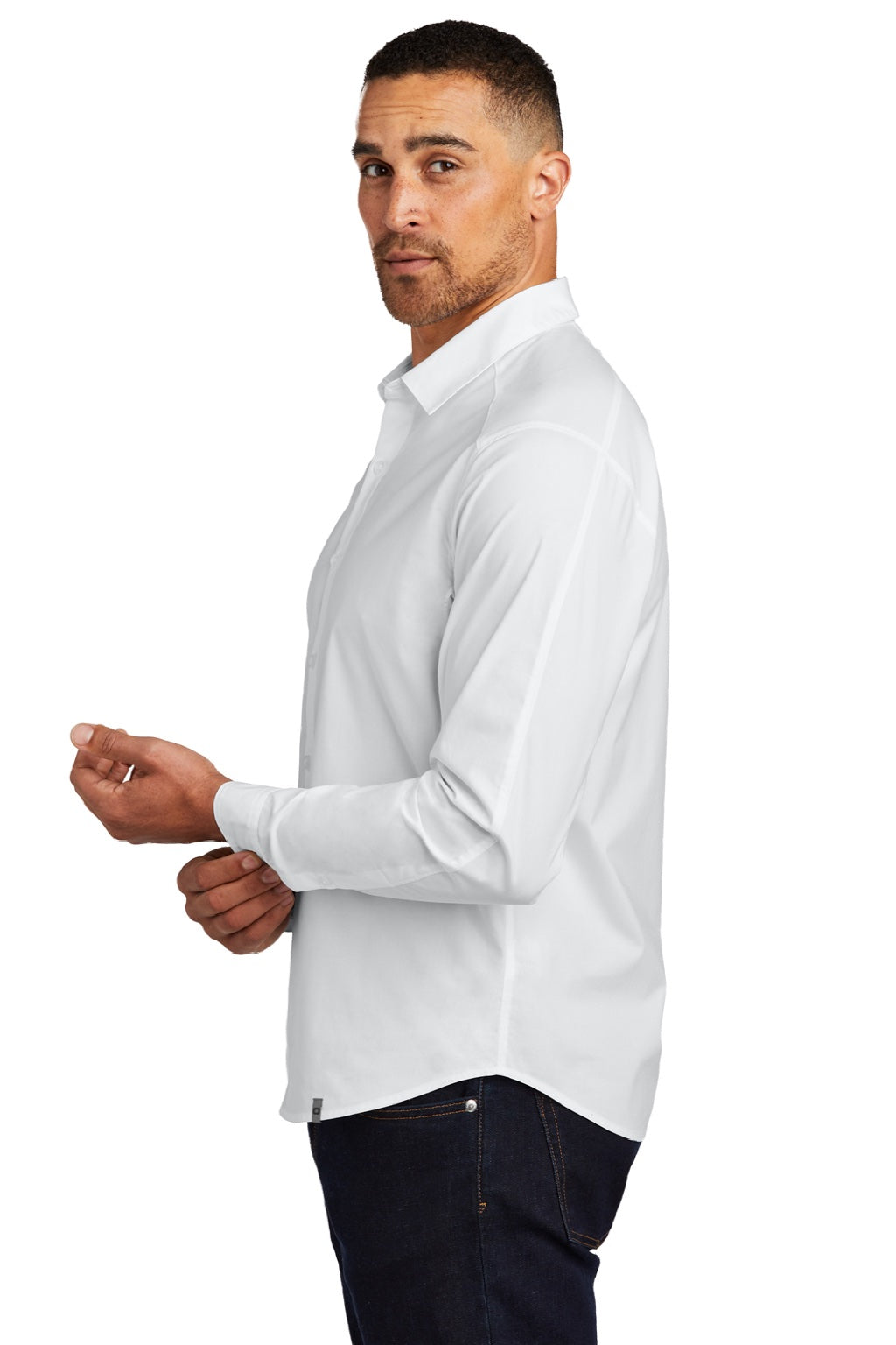 Ogio OG1002 Mens Commuter Long Sleeve Button Down Shirt White Model Side