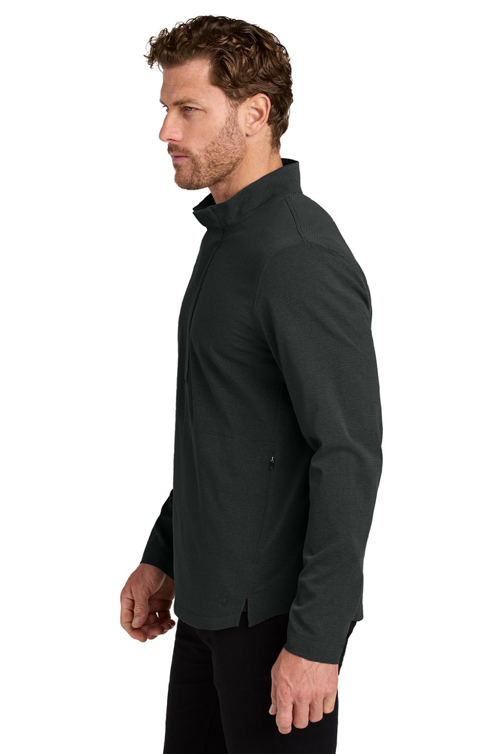 Ogio OG1003 Mens Aspect Moisture Wicking 1/4 Zip Sweatshirt w/ Pouch Pocket Blacktop Model Side