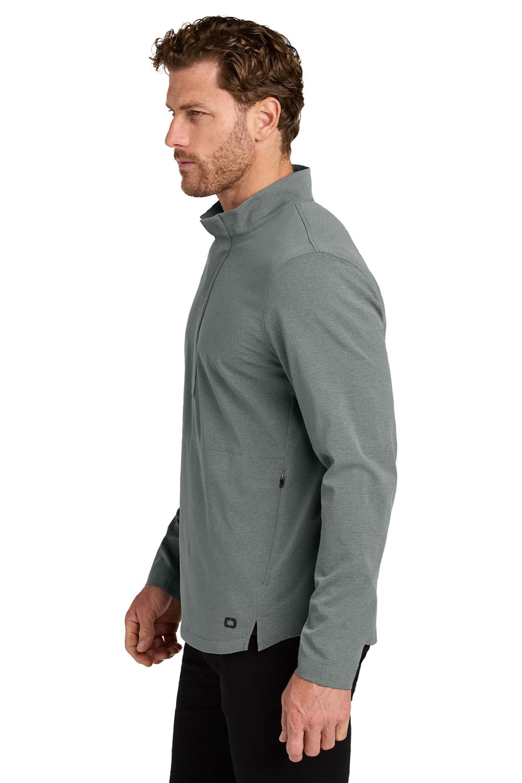 Ogio OG1003 Mens Aspect Moisture Wicking 1/4 Zip Sweatshirt w/ Pouch Pocket Rogue Grey Model Side