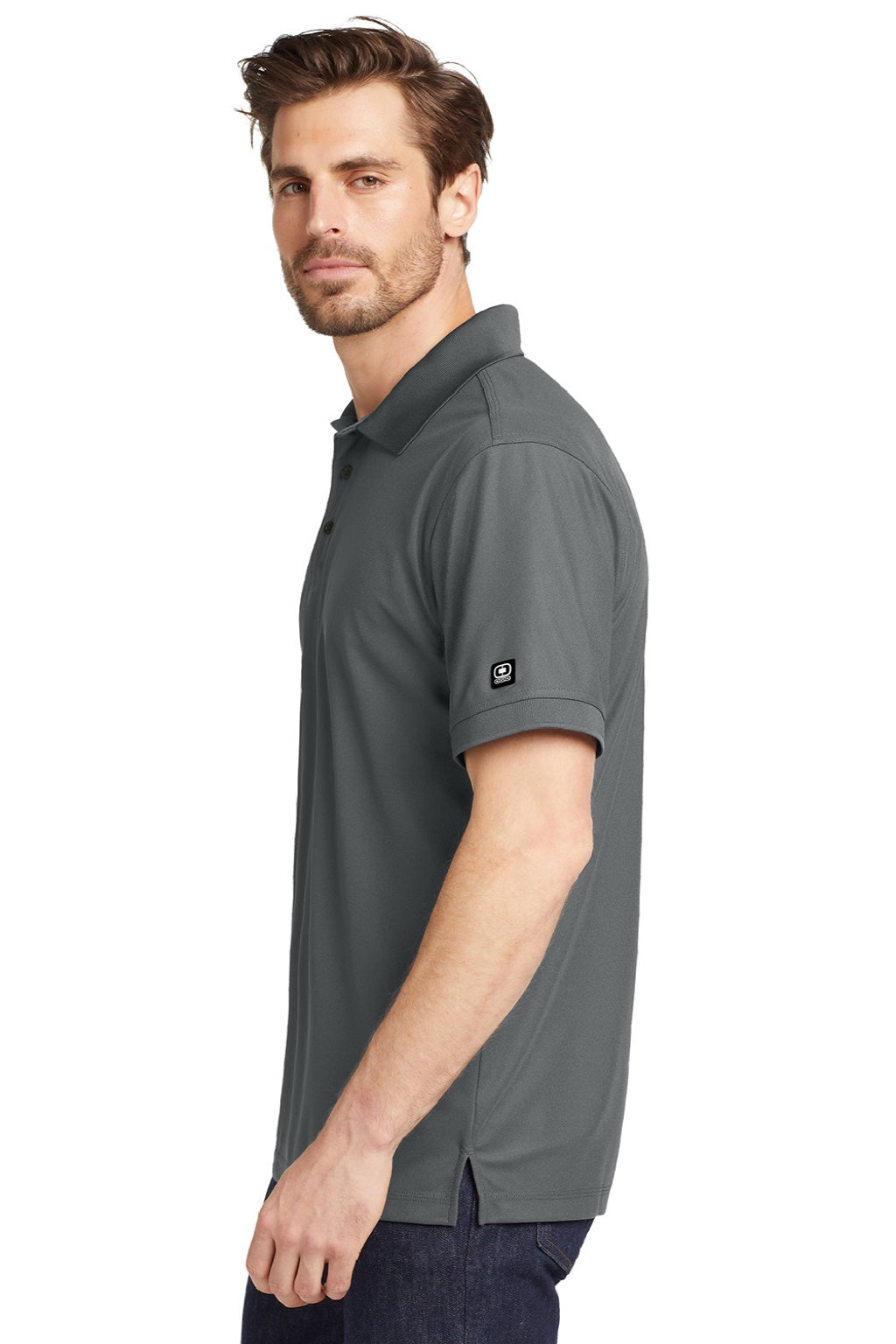 Ogio OG101 Mens Caliber 2.0 Moisture Wicking Short Sleeve Polo Shirt Rogue Grey Model Side