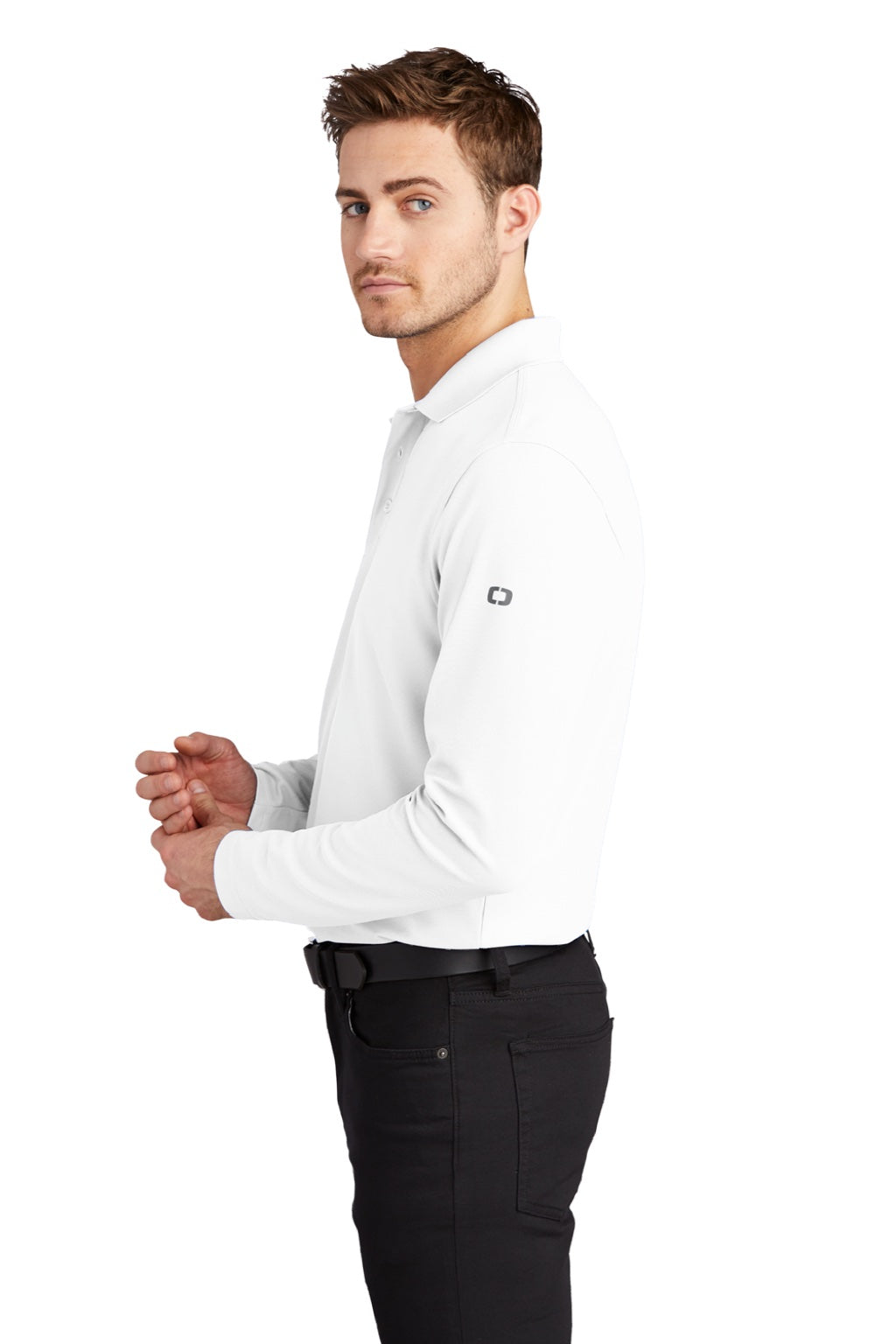 Ogio OG105 Mens Caliber 2.0 Moisture Wicking Long Sleeve Polo Shirt Bright White Model Side