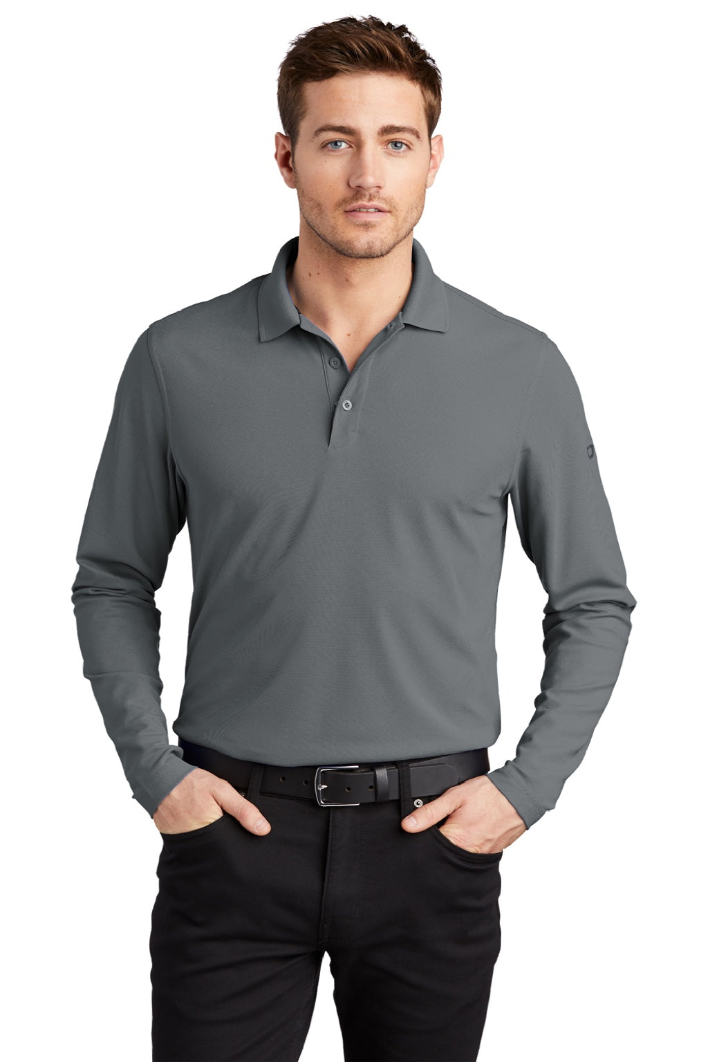 Ogio OG105 Mens Caliber 2.0 Moisture Wicking Long Sleeve Polo Shirt Diesel Grey Model Front