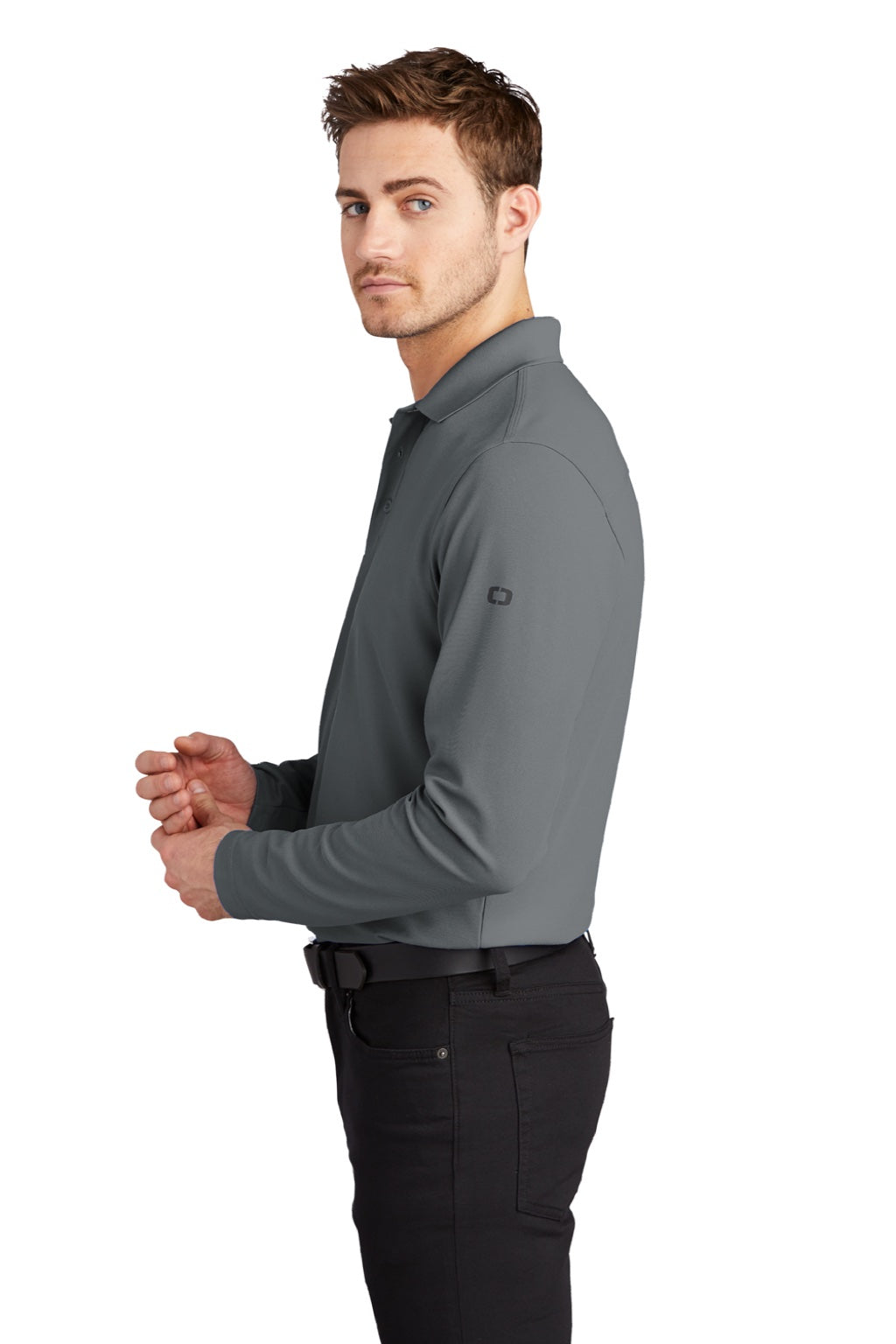 Ogio OG105 Mens Caliber 2.0 Moisture Wicking Long Sleeve Polo Shirt Diesel Grey Model Side