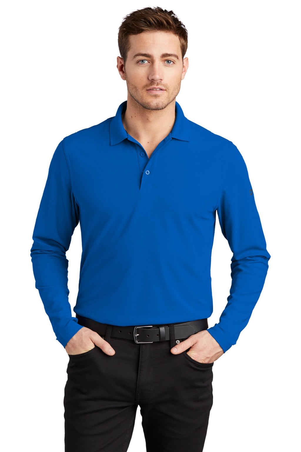 Ogio OG105 Mens Caliber 2.0 Moisture Wicking Long Sleeve Polo Shirt Electric Blue Model Front