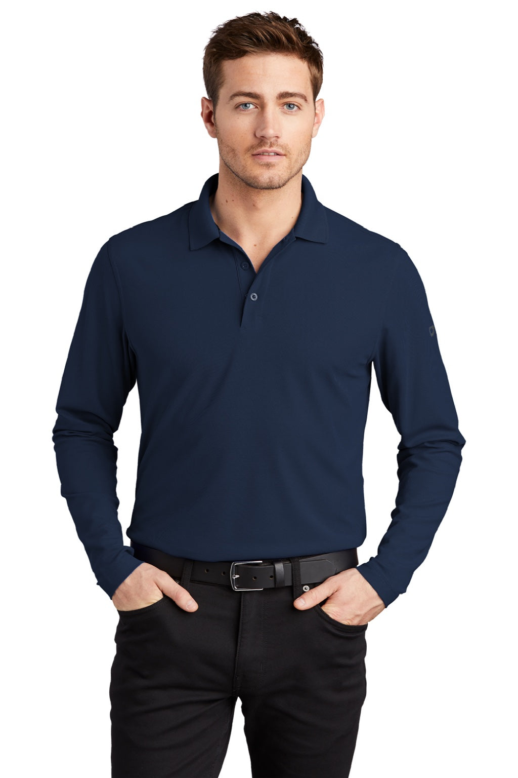 Ogio OG105 Mens Caliber 2.0 Moisture Wicking Long Sleeve Polo Shirt Navy Blue Model Front