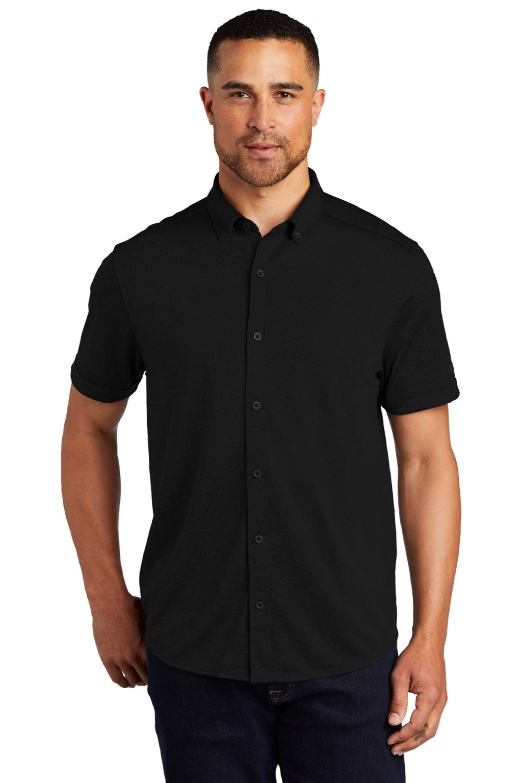 Ogio OG141 Mens Gravitate Moisture Wicking Short Sleeve Button Down Shirt Blacktop Model Front