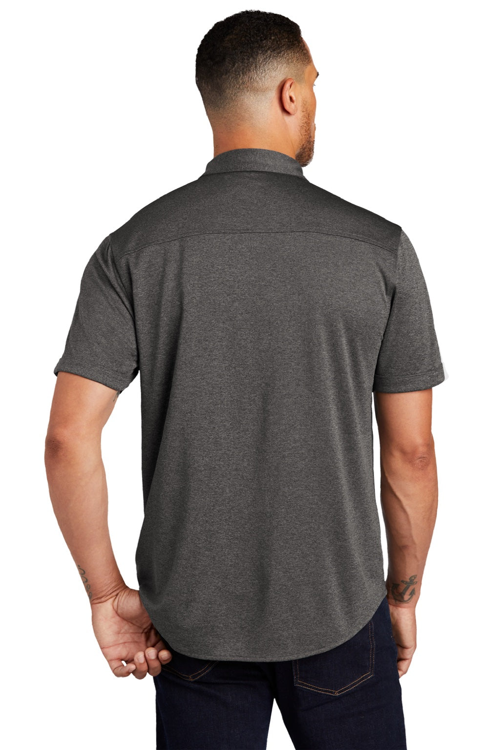 Ogio OG141 Mens Gravitate Moisture Wicking Short Sleeve Button Down Shirt Heather Dark Grey Model Back