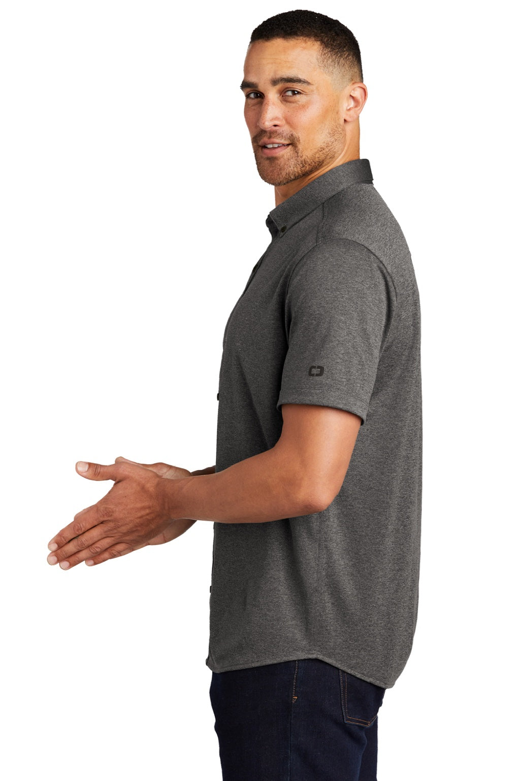 Ogio OG141 Mens Gravitate Moisture Wicking Short Sleeve Button Down Shirt Heather Dark Grey Model Side