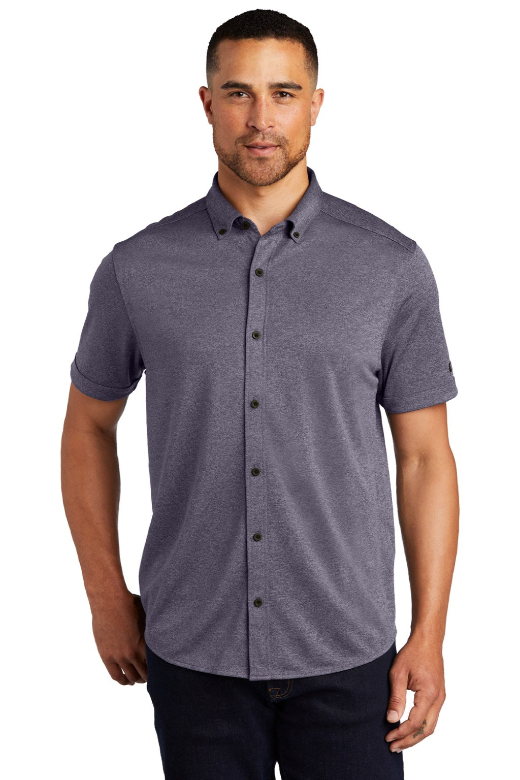 Ogio OG141 Mens Gravitate Moisture Wicking Short Sleeve Button Down Shirt Heather Navy Blue Model Front