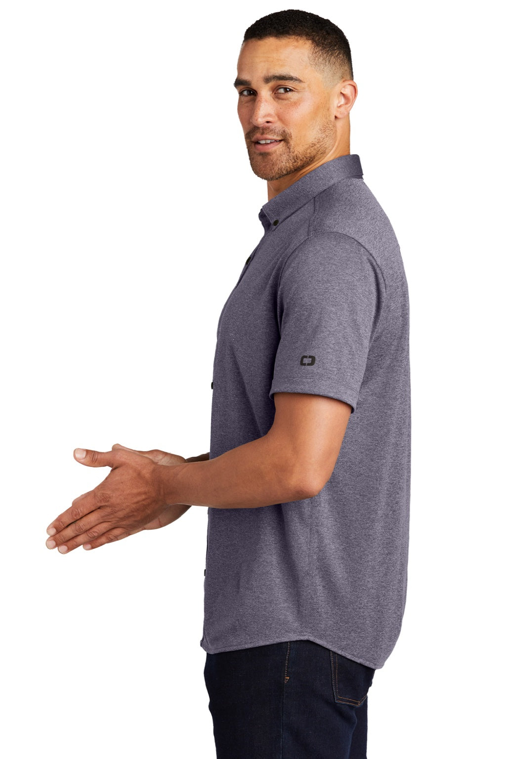 Ogio OG141 Mens Gravitate Moisture Wicking Short Sleeve Button Down Shirt Heather Navy Blue Model Side