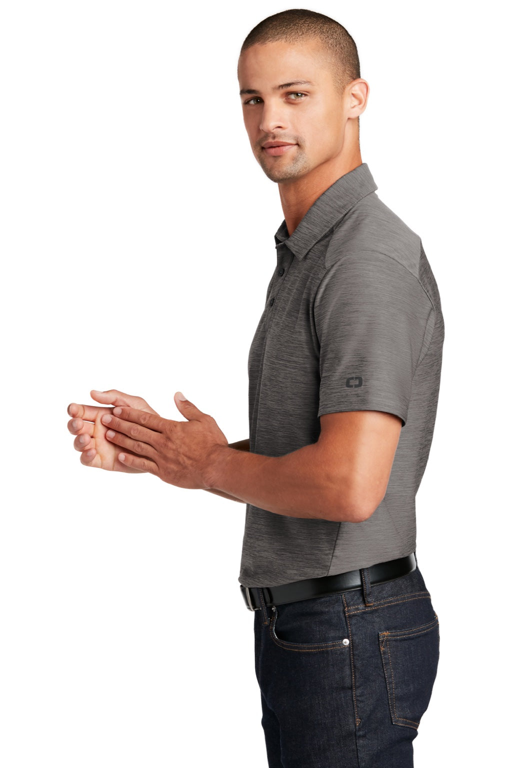 Ogio OG143 Mens Slate Moisture Wicking Short Sleeve Polo Shirt Gear Grey Model Side