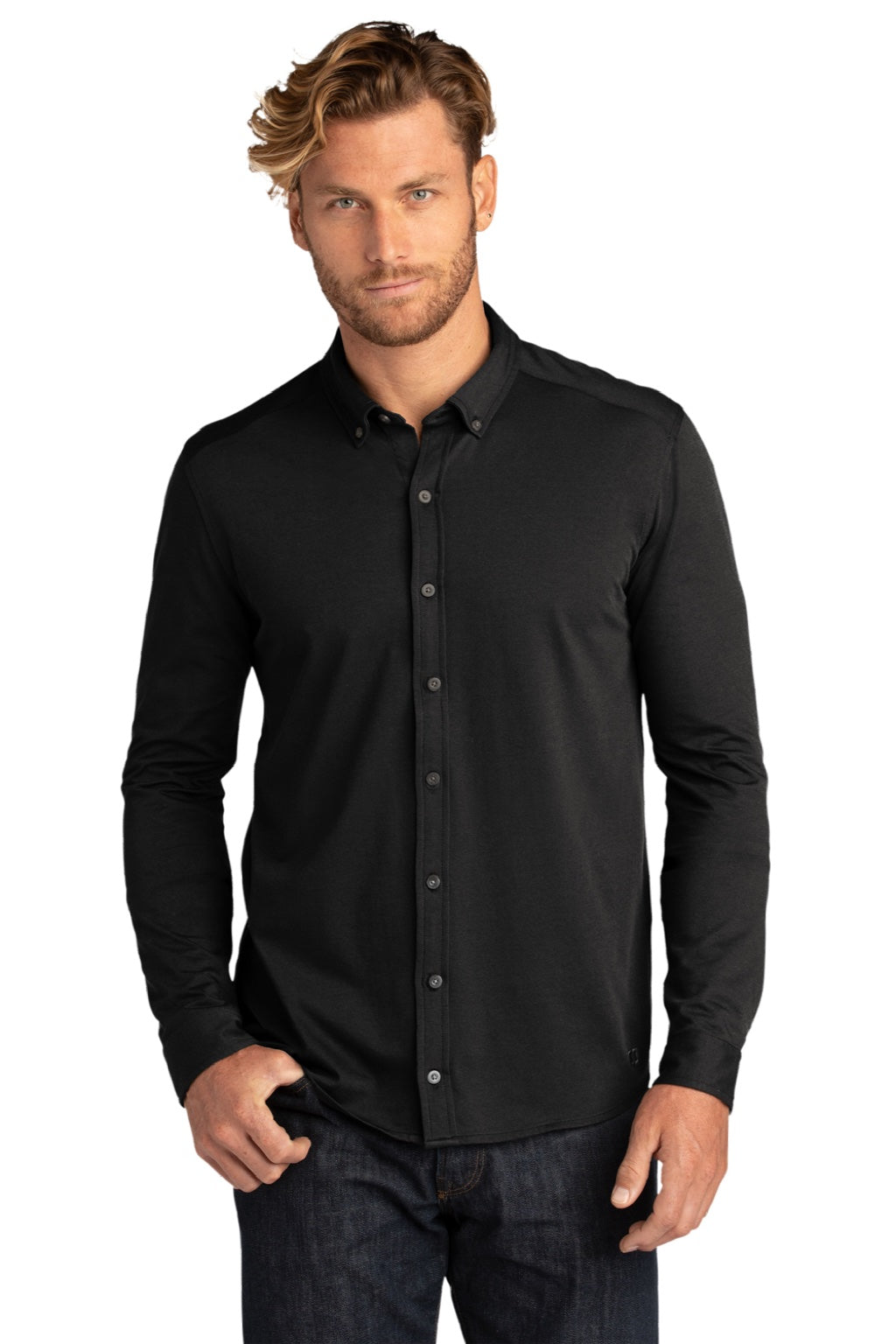 Ogio OG145 Mens Code Stretch Moisture Wicking Long Sleeve Button Down Shirt Blacktop Model Front