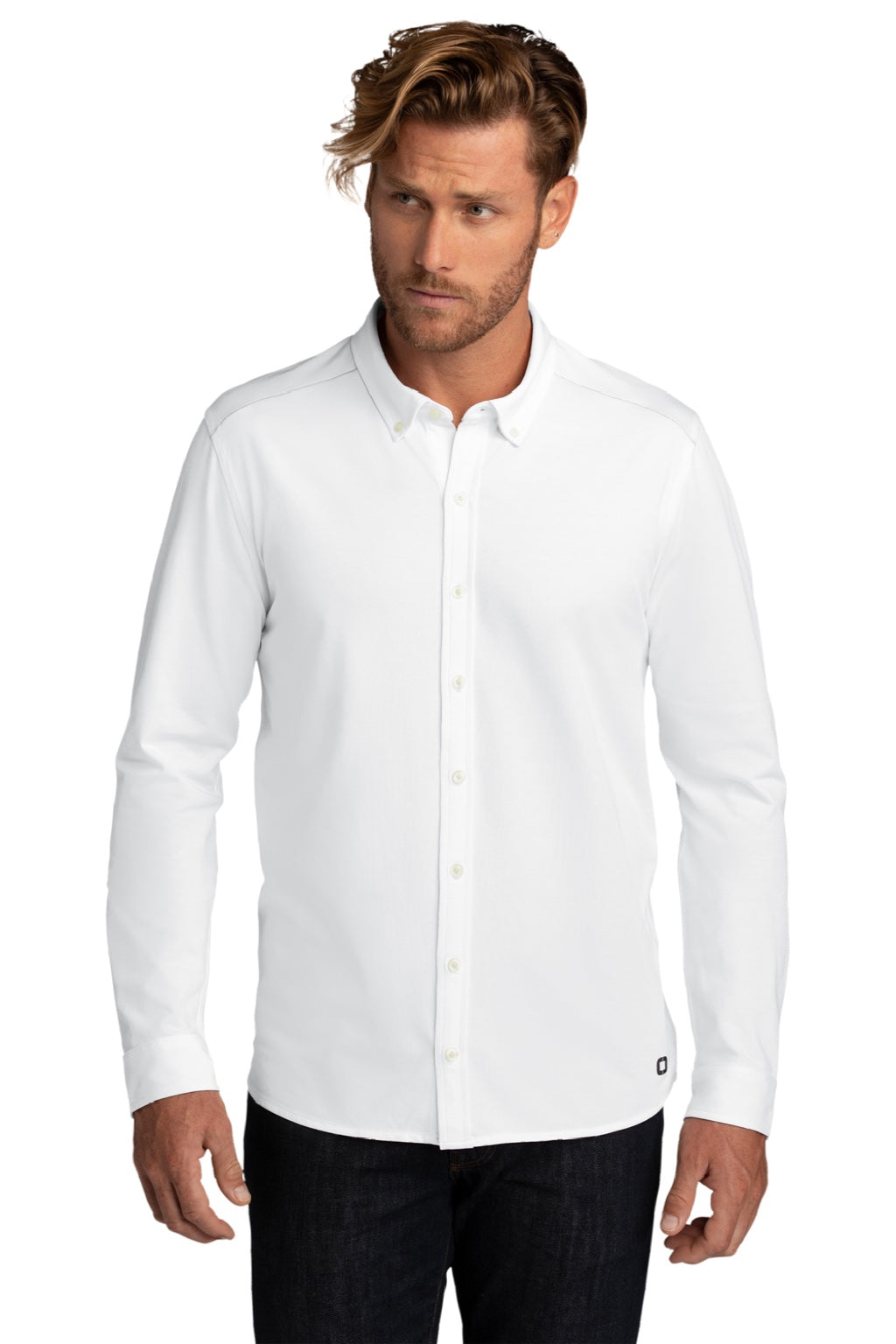 Ogio OG145 Mens Code Stretch Moisture Wicking Long Sleeve Button Down Shirt Bright White Model Front