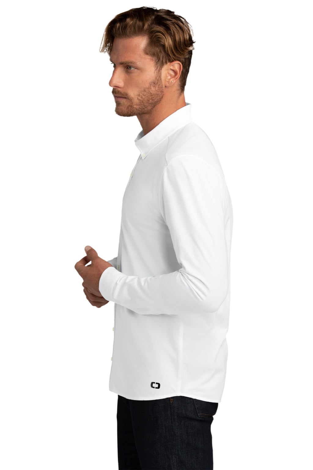 Ogio OG145 Mens Code Stretch Moisture Wicking Long Sleeve Button Down Shirt Bright White Model Side