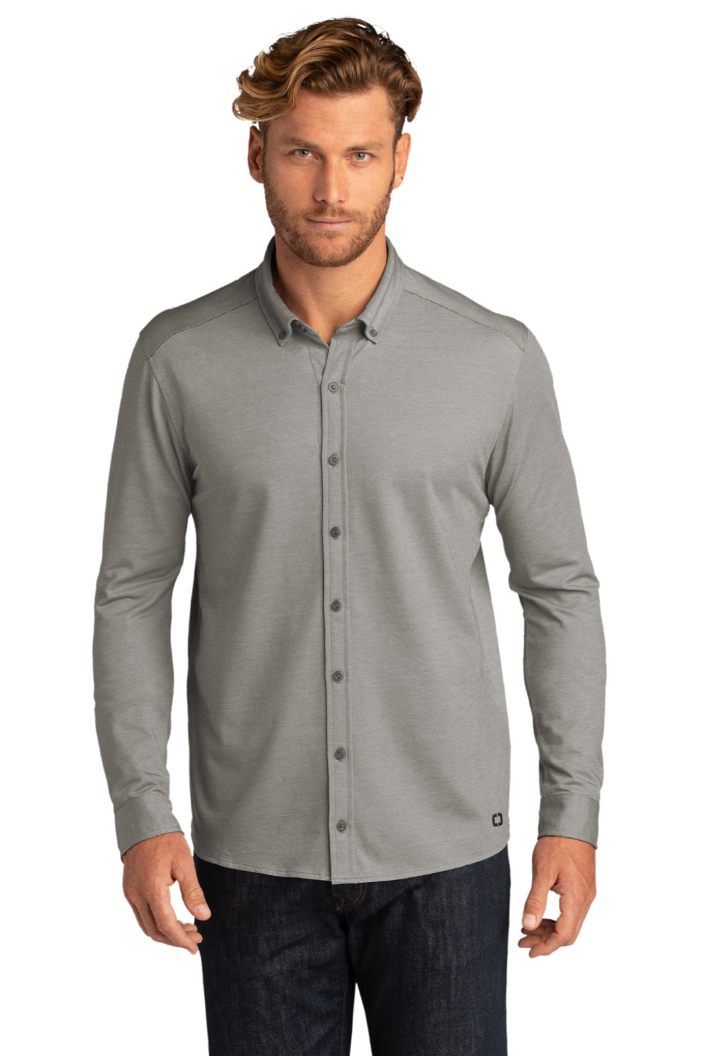 Ogio OG145 Mens Code Stretch Moisture Wicking Long Sleeve Button Down Shirt Heather Tarmac Grey Model Front