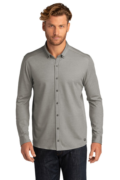 Ogio OG145 Mens Code Stretch Moisture Wicking Long Sleeve Button Down Shirt Heather Tarmac Grey Model Front