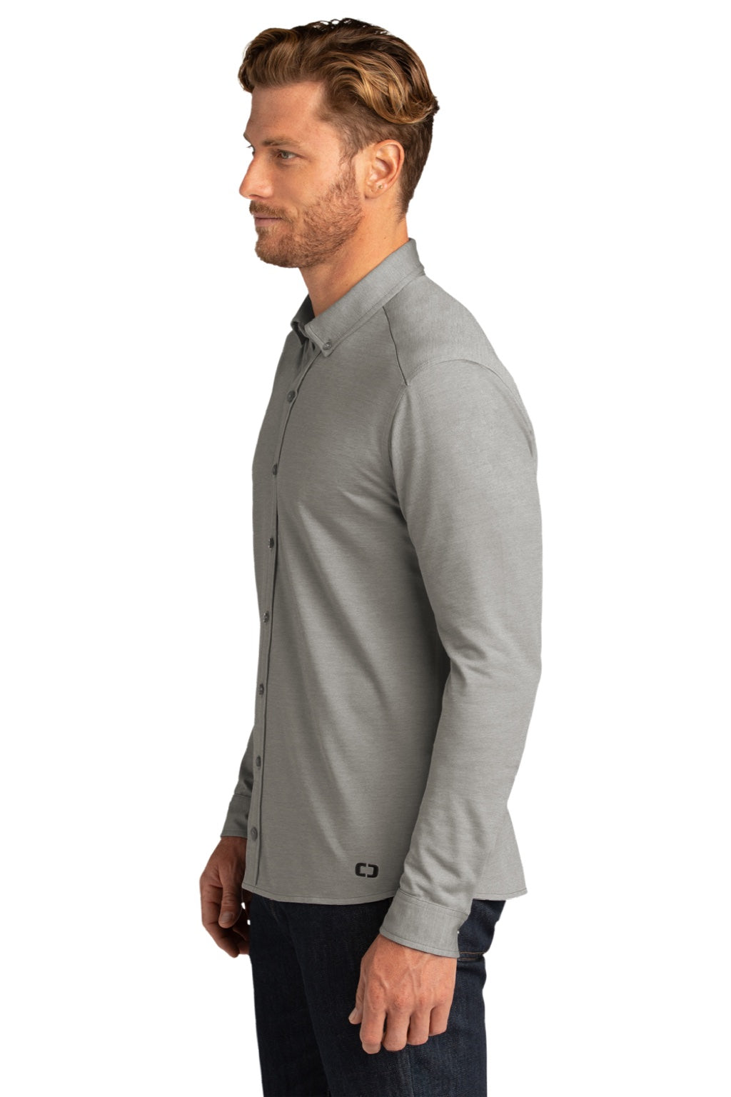 Ogio OG145 Mens Code Stretch Moisture Wicking Long Sleeve Button Down Shirt Heather Tarmac Grey Model Side