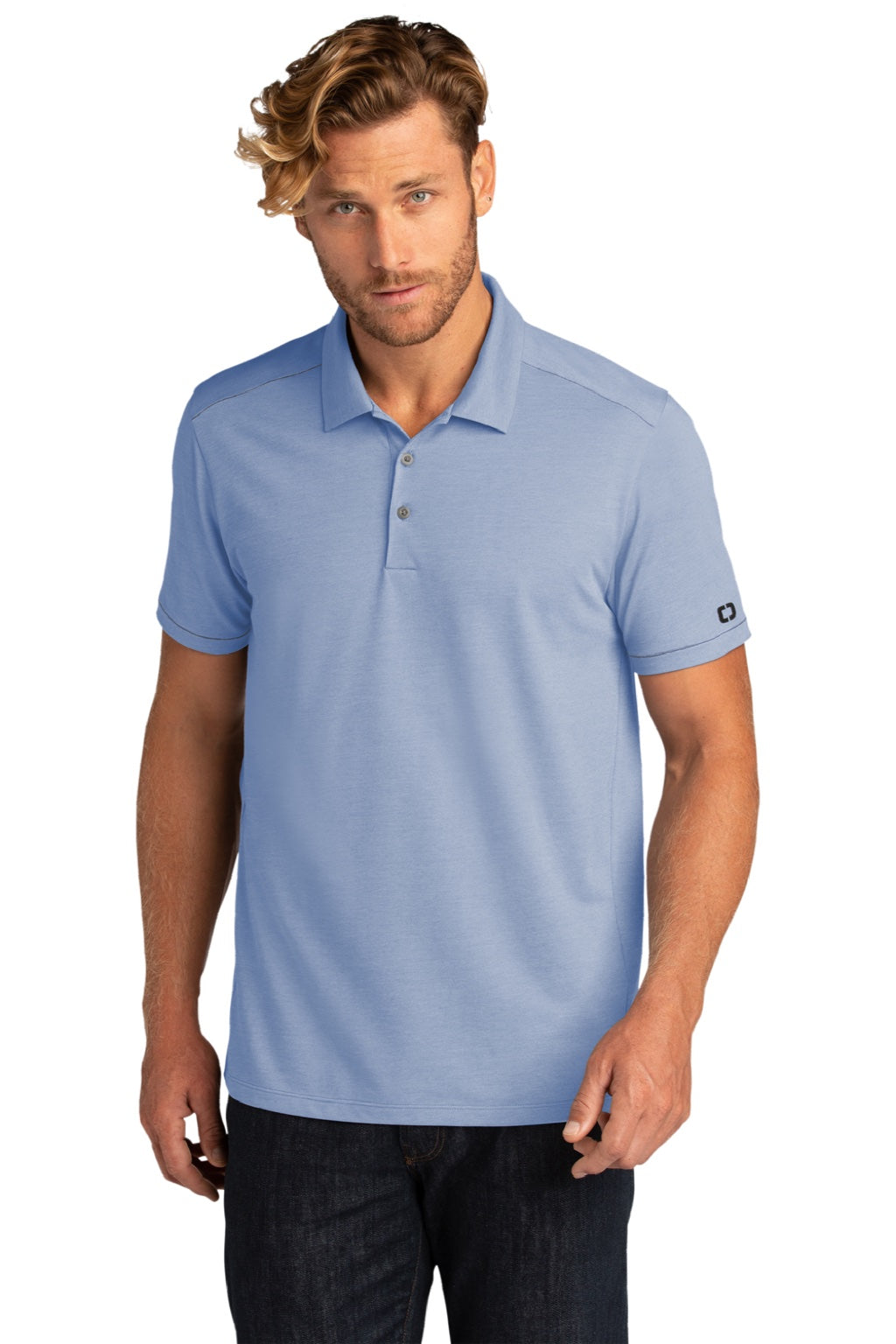 Ogio OG146 Mens Code Stretch Moisture Wicking Short Sleeve Polo Shirt Heather Force Blue Model Front