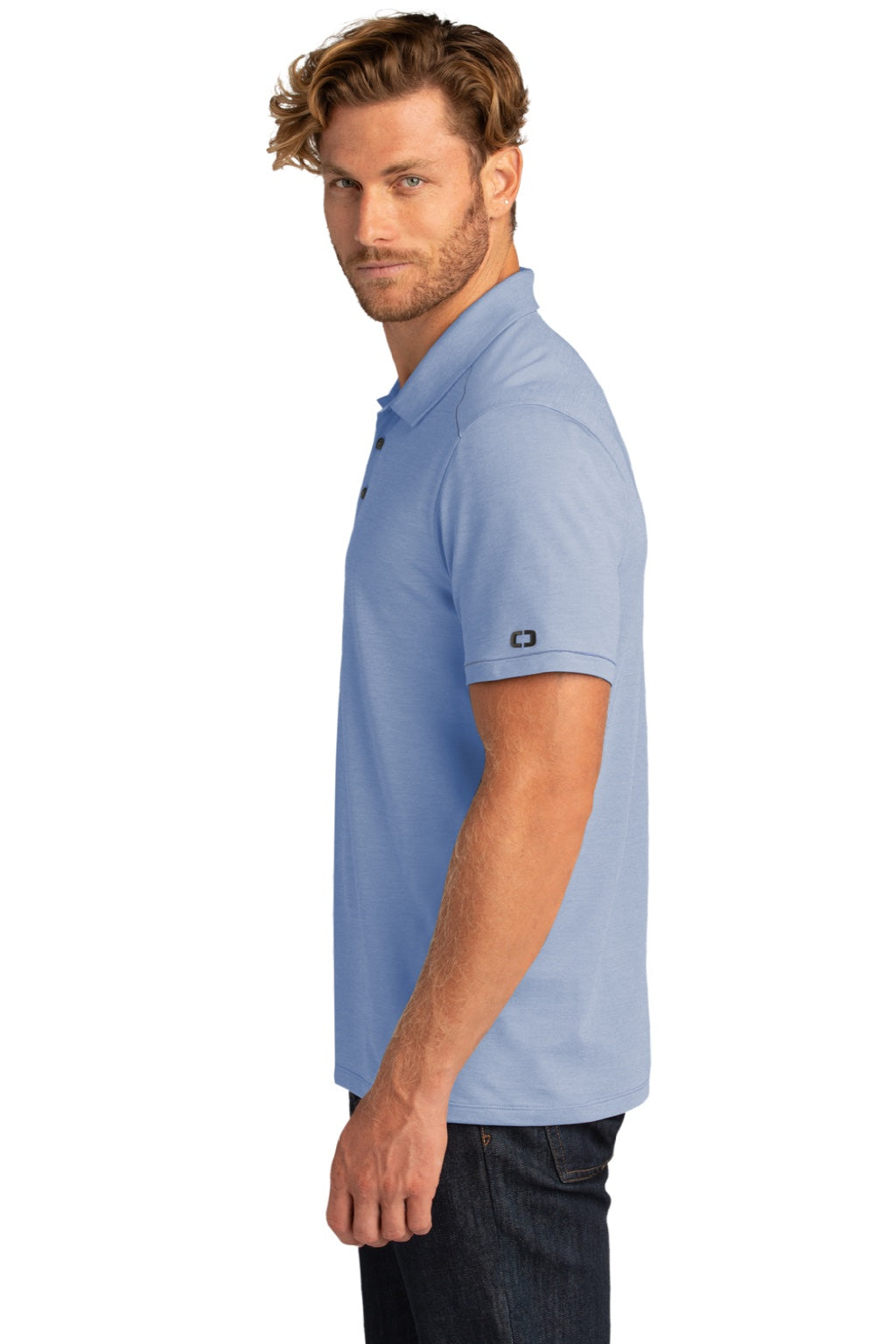 Ogio OG146 Mens Code Stretch Moisture Wicking Short Sleeve Polo Shirt Heather Force Blue Model Side