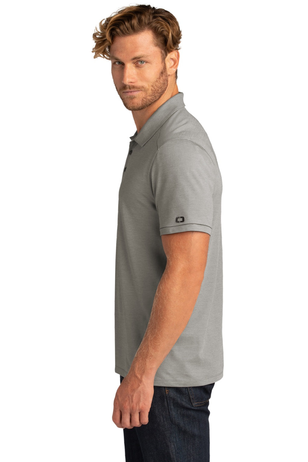 Ogio OG146 Mens Code Stretch Moisture Wicking Short Sleeve Polo Shirt Heather Tarmac Grey Model Side