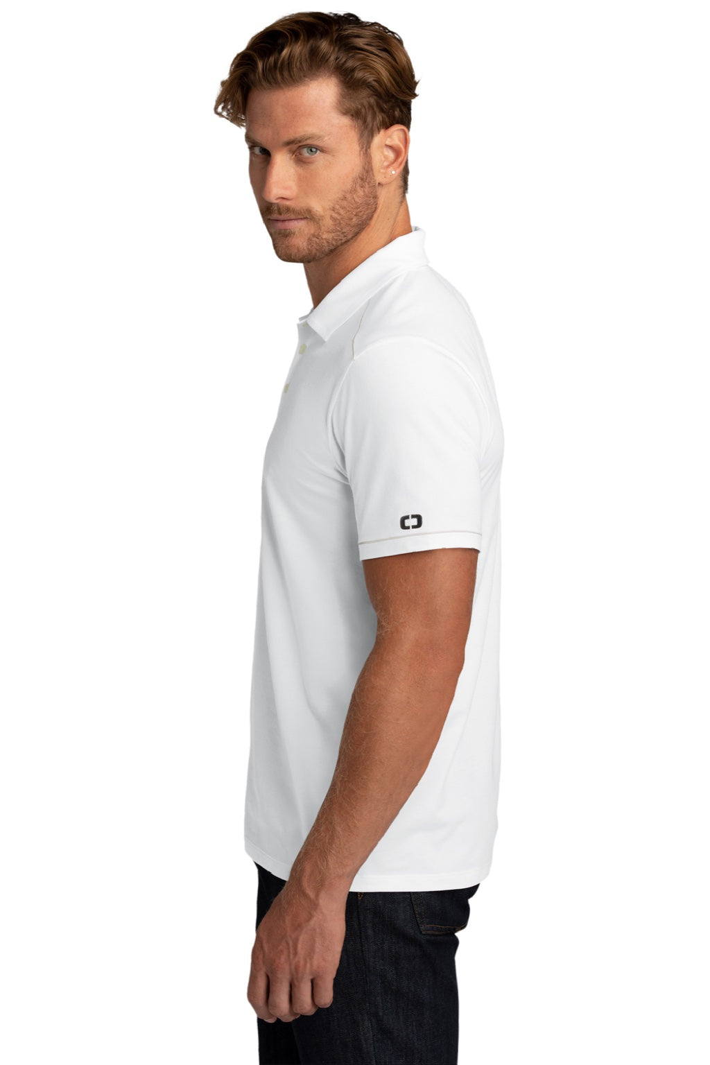 Ogio OG146 Mens Code Stretch Moisture Wicking Short Sleeve Polo Shirt Bright White Model Side
