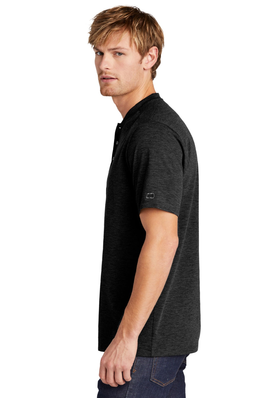 Ogio OG148 Mens Evolution Moisture Wicking Short Sleeve Henley T-Shirt Blacktop Model Side