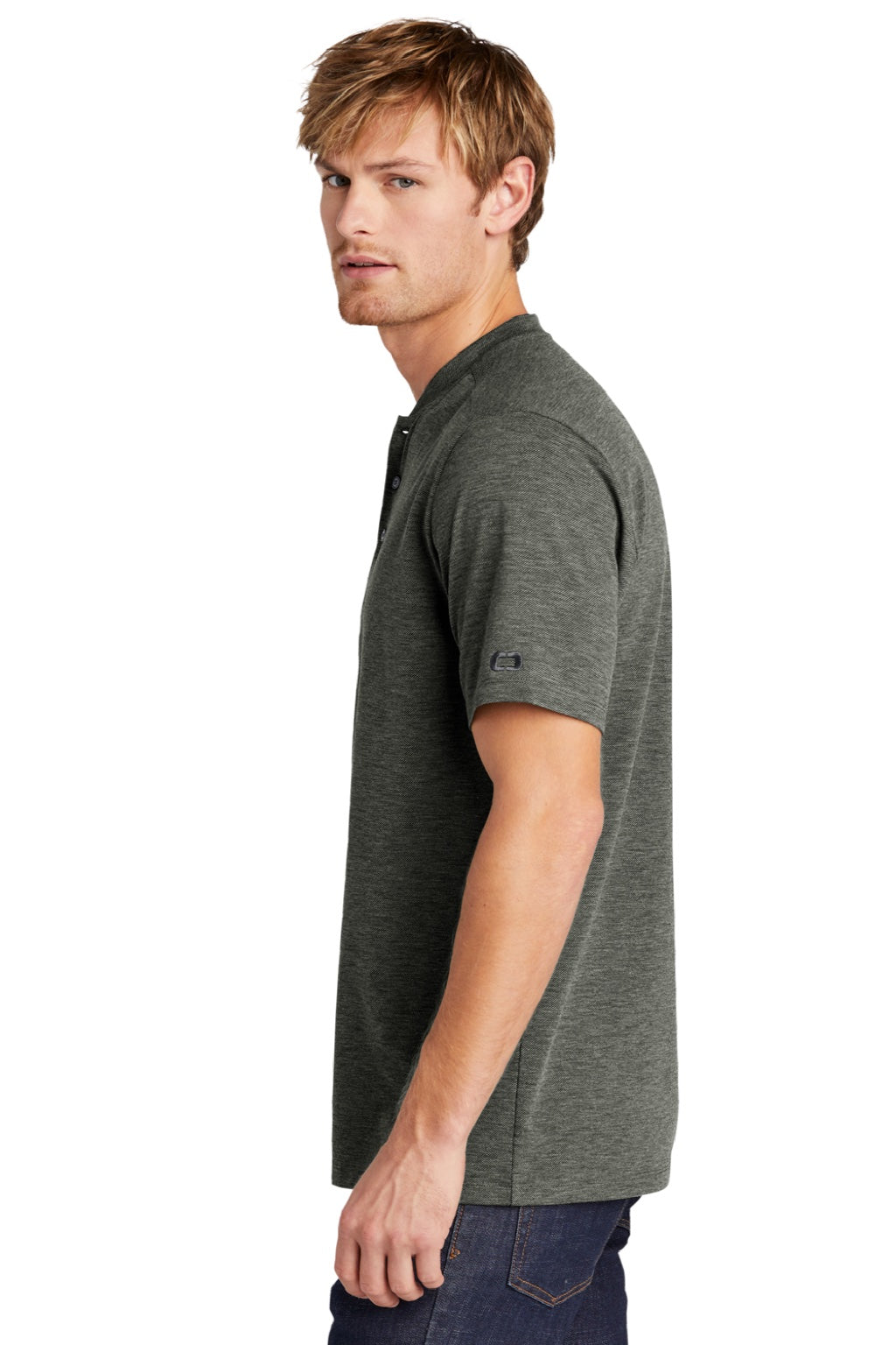 Ogio OG148 Mens Evolution Moisture Wicking Short Sleeve Henley T-Shirt Tarmac Grey Model Side