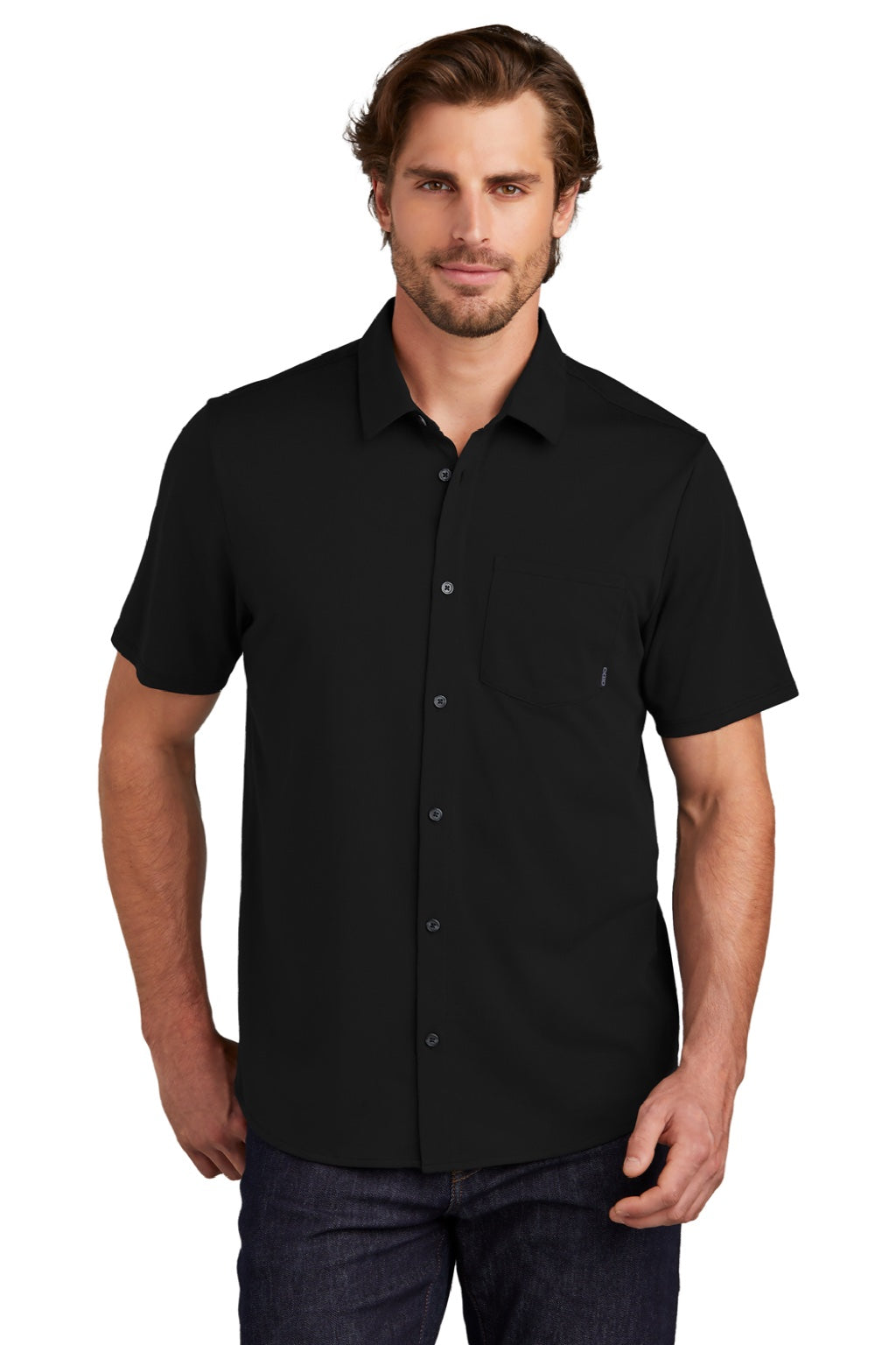 Ogio OG160 Mens Extend Short Sleeve Button Down Shirt w/ Pocket Blacktop Model Front