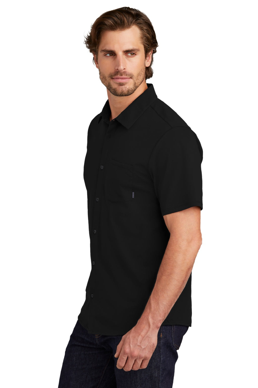 Ogio OG160 Mens Extend Short Sleeve Button Down Shirt w/ Pocket Blacktop Model Side