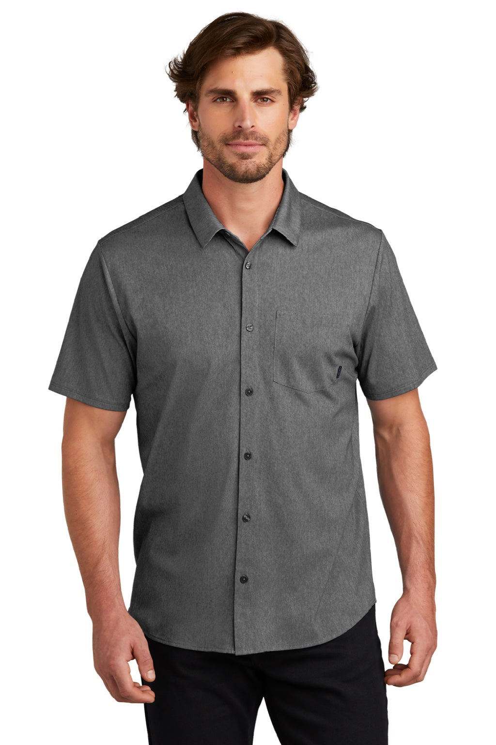 Ogio OG160 Mens Extend Short Sleeve Button Down Shirt w/ Pocket Heather Blacktop Model Front