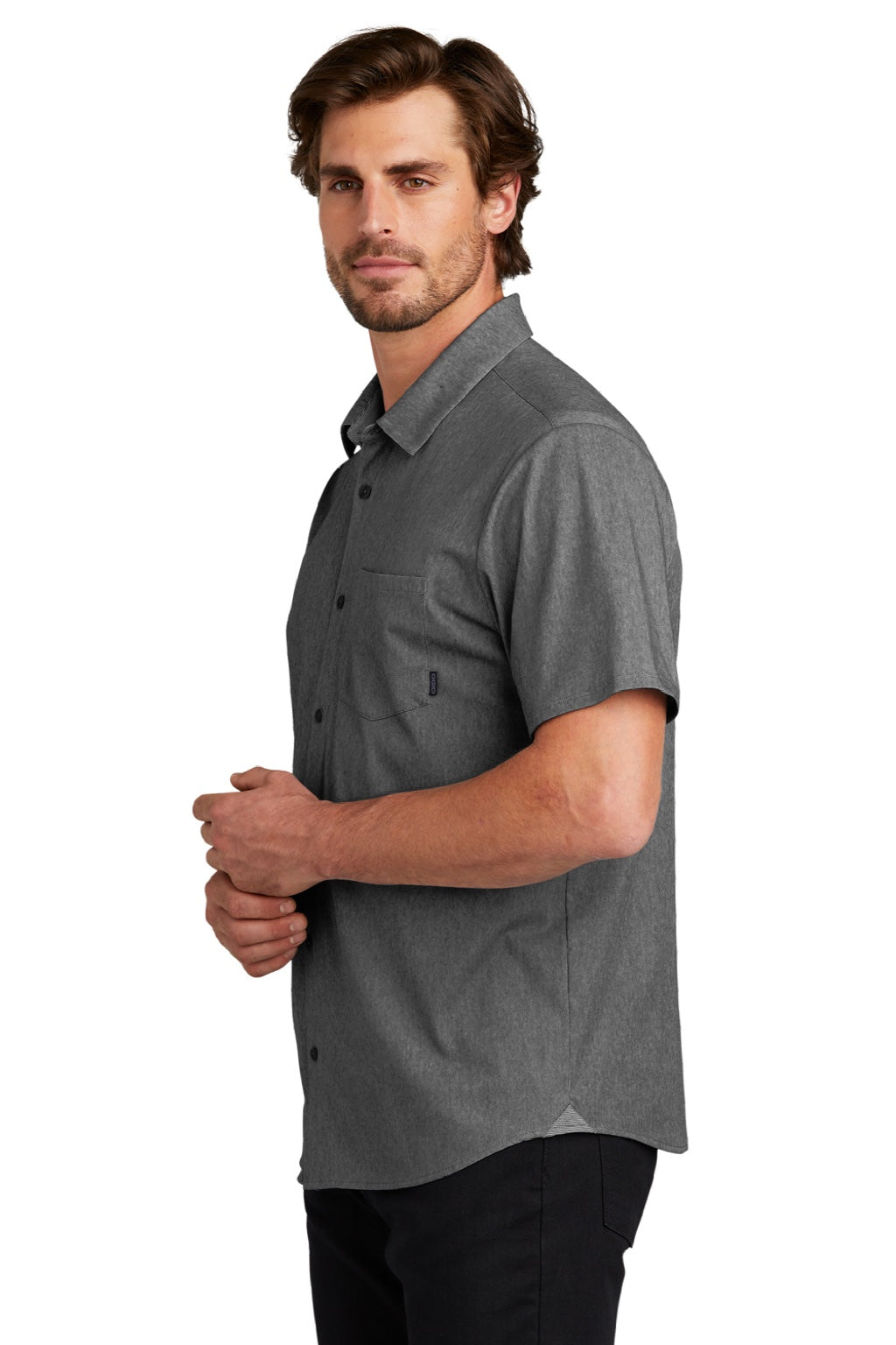 Ogio OG160 Mens Extend Short Sleeve Button Down Shirt w/ Pocket Heather Blacktop Model Side